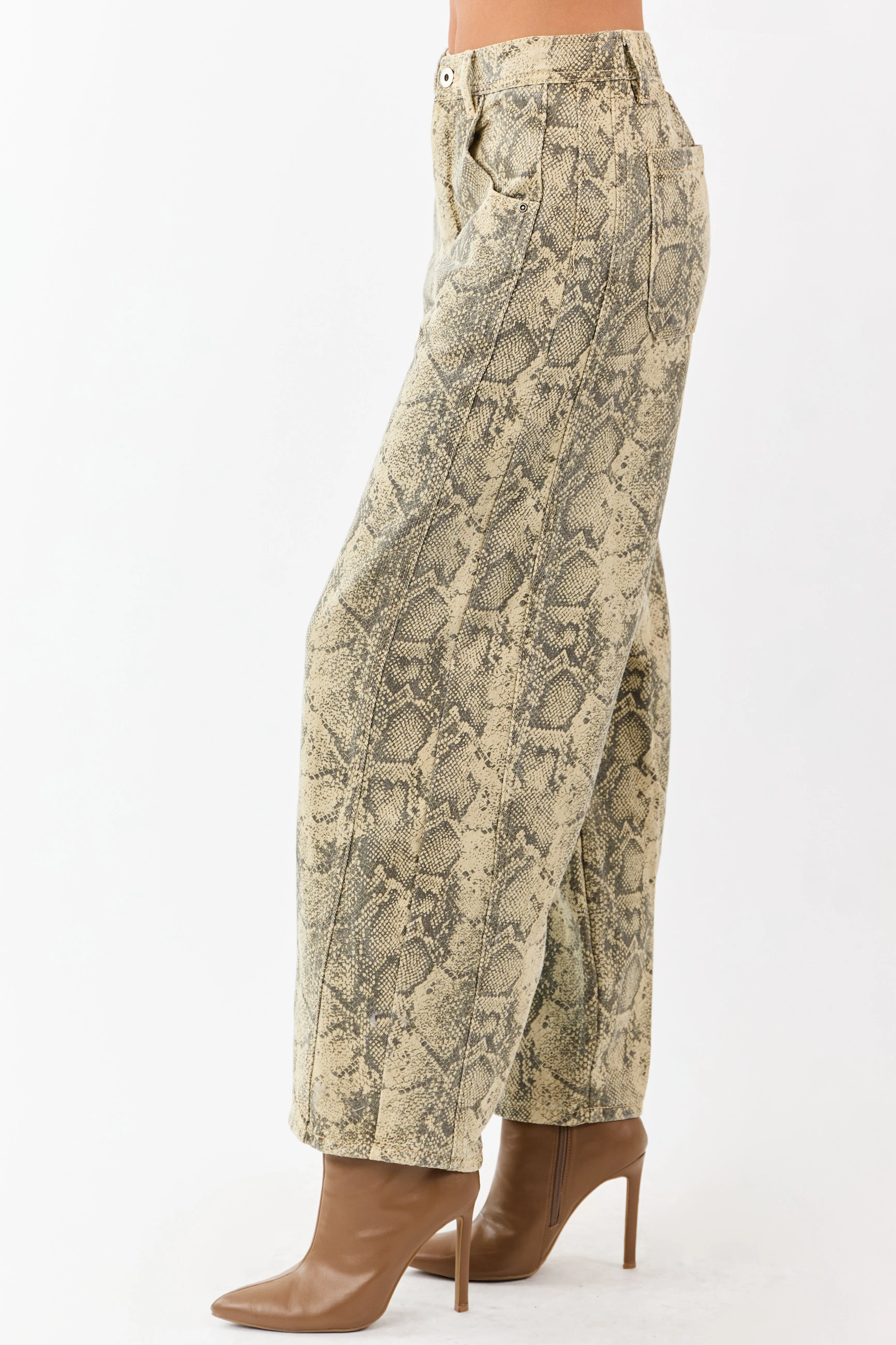 Sand and Walnut Washed Snake Print Barrel Jeans sold by Lime Lush product image thumbnail 3
