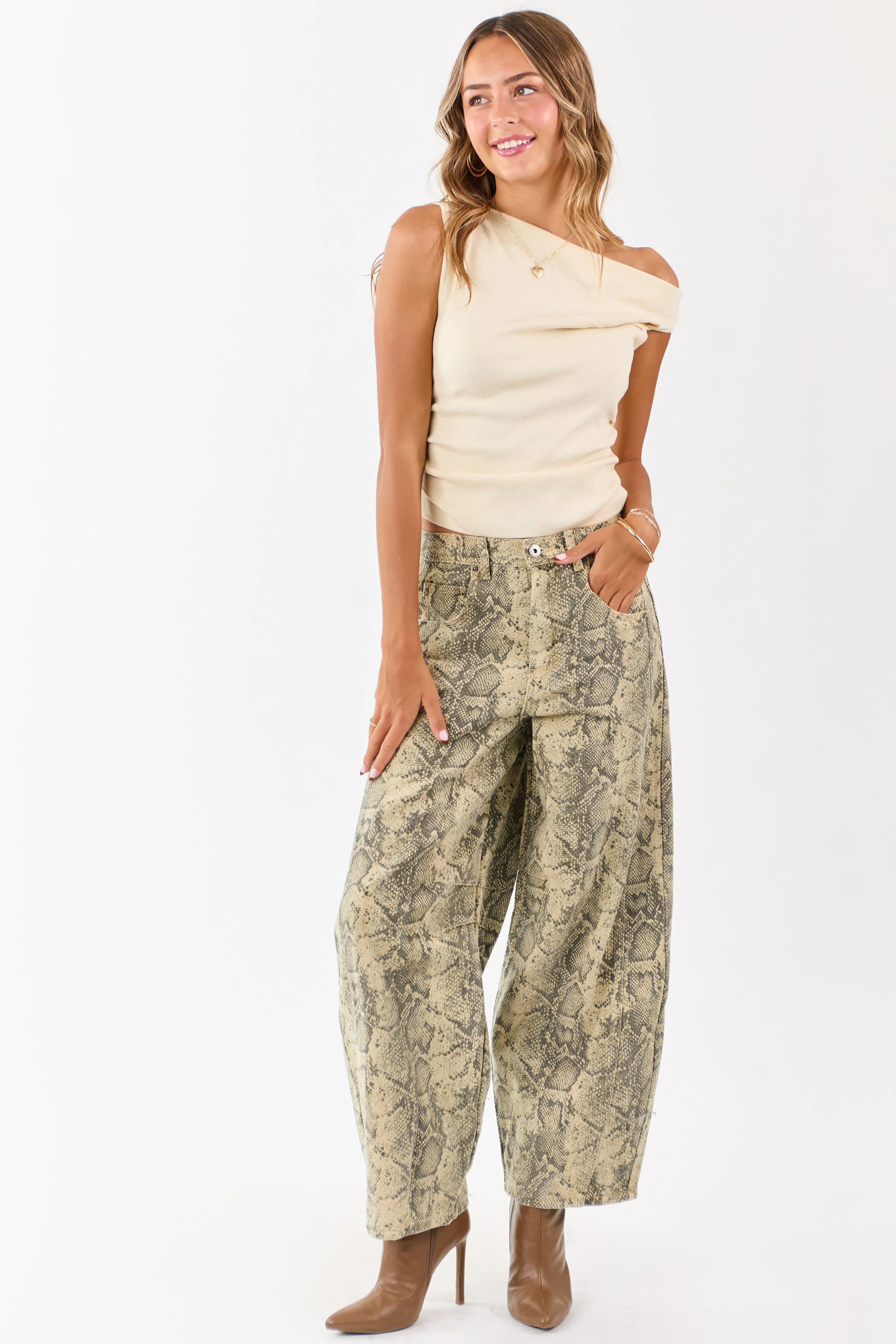 Sand and Walnut Washed Snake Print Barrel Jeans sold by Lime Lush product image thumbnail 5