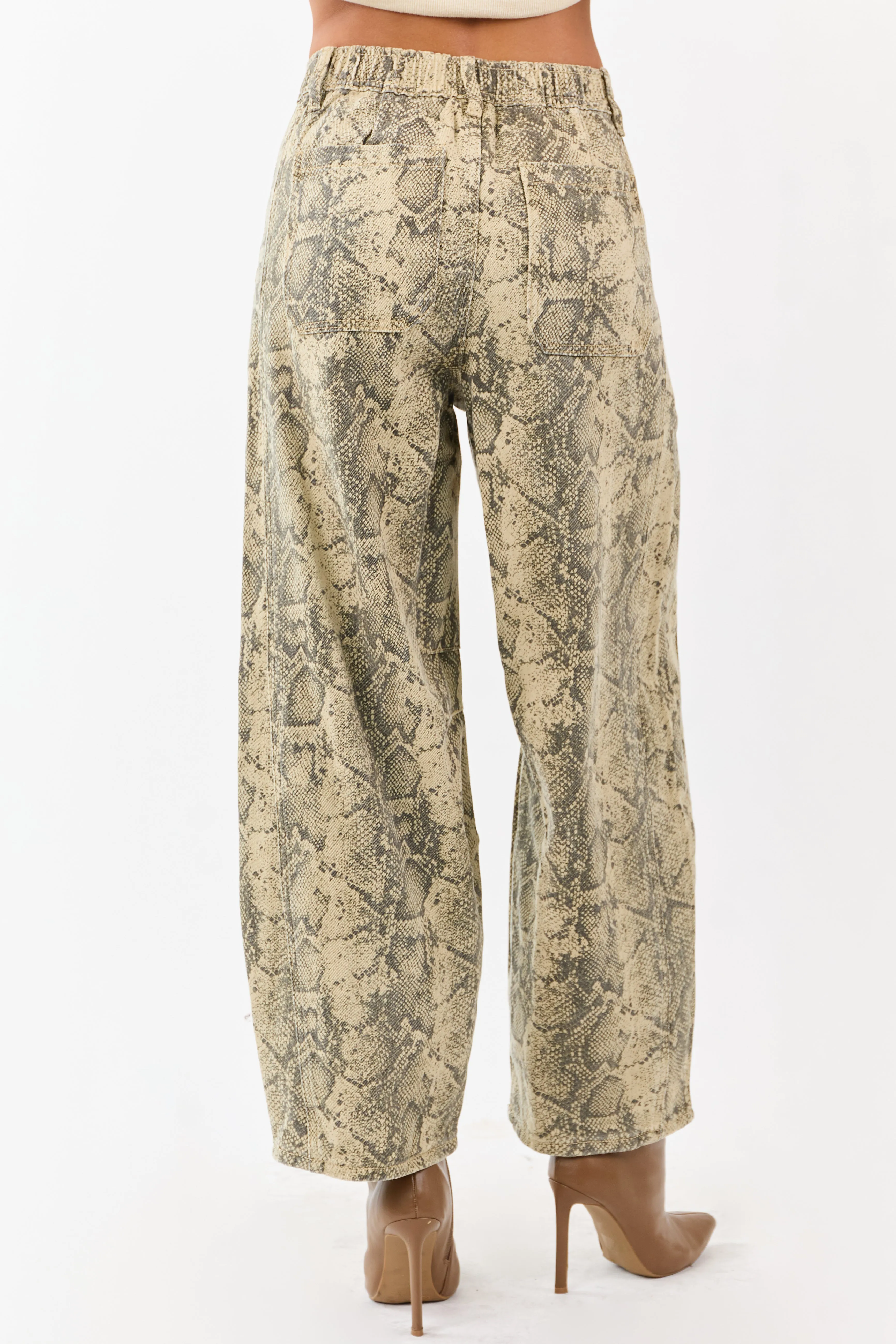 Sand and Walnut Washed Snake Print Barrel Jeans sold by Lime Lush product image thumbnail 4