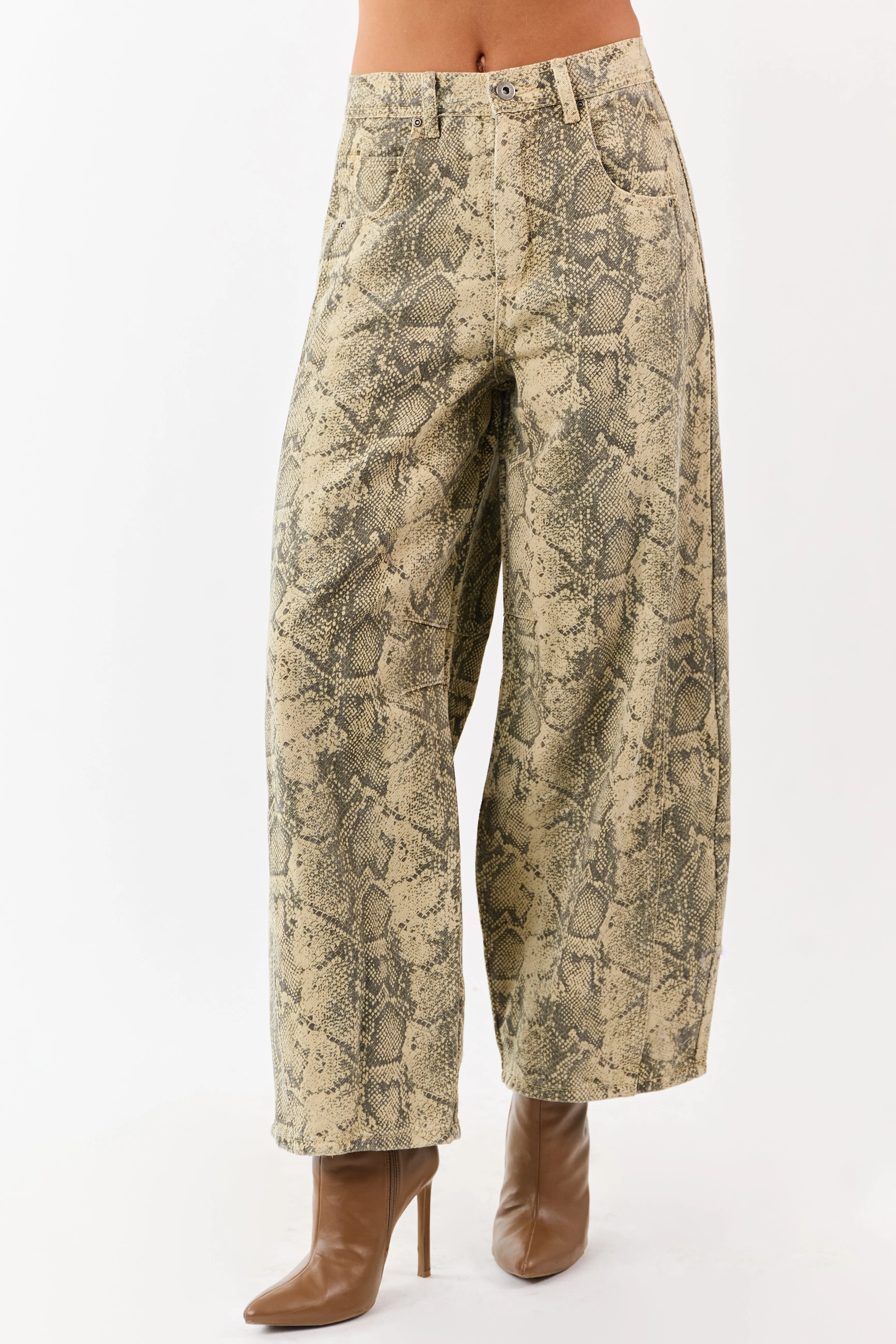 Sand and Walnut Washed Snake Print Barrel Jeans sold by Lime Lush product image thumbnail 2