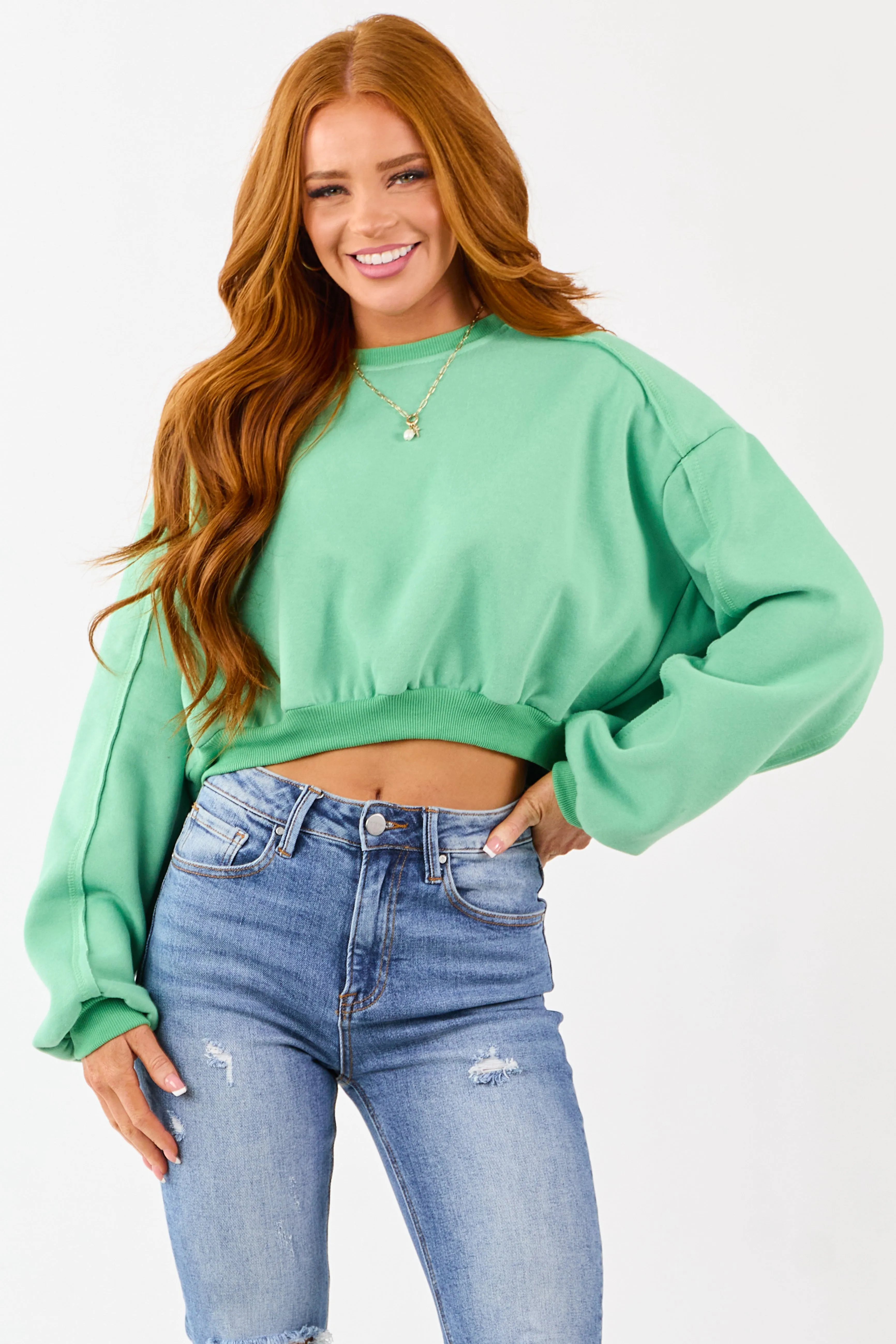 Kelly Green Cropped Boxy Crew Neck Sweatshirt sold by Lime Lush