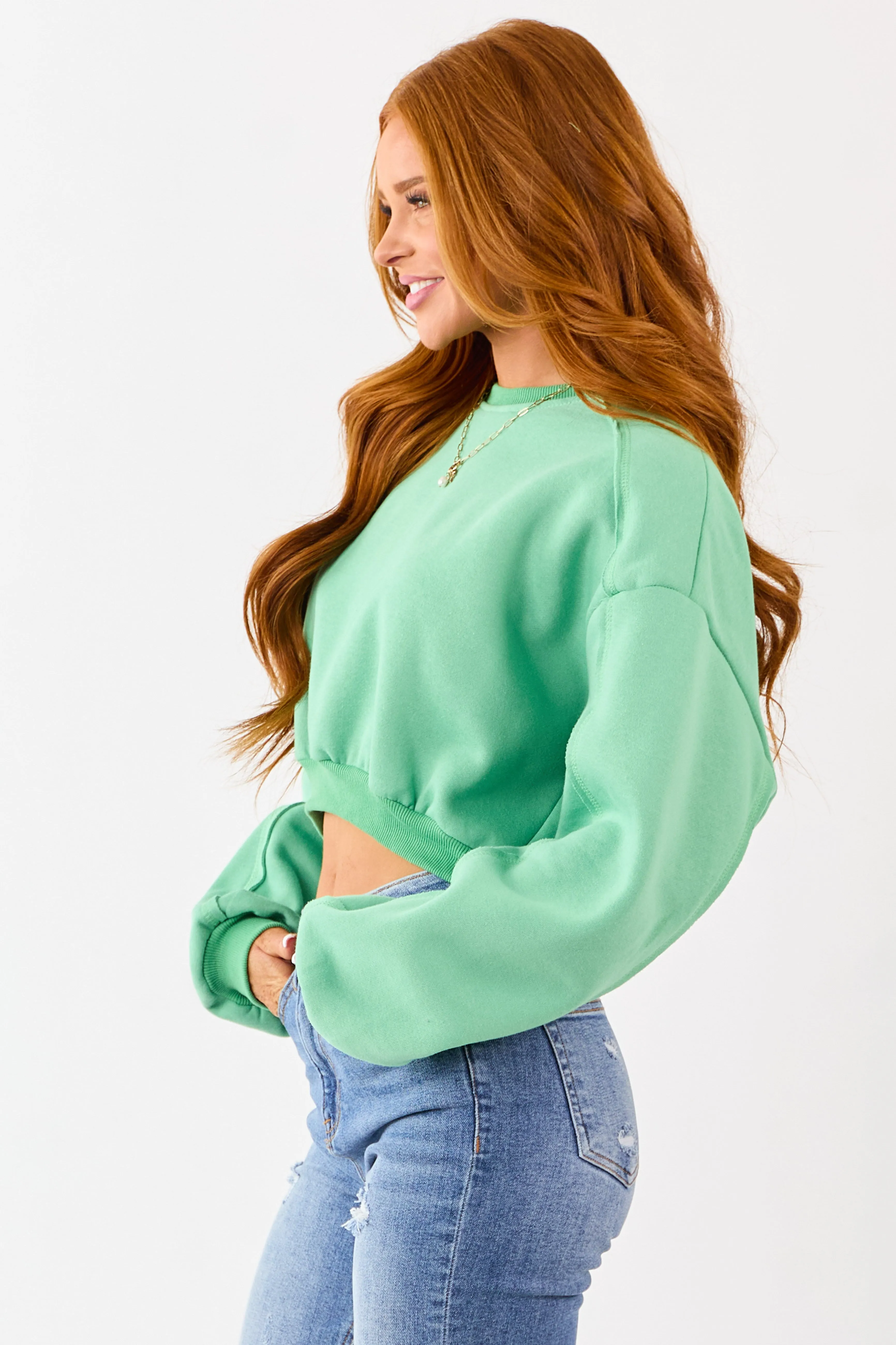 Kelly Green Cropped Boxy Crew Neck Sweatshirt sold by Lime Lush product image thumbnail 4