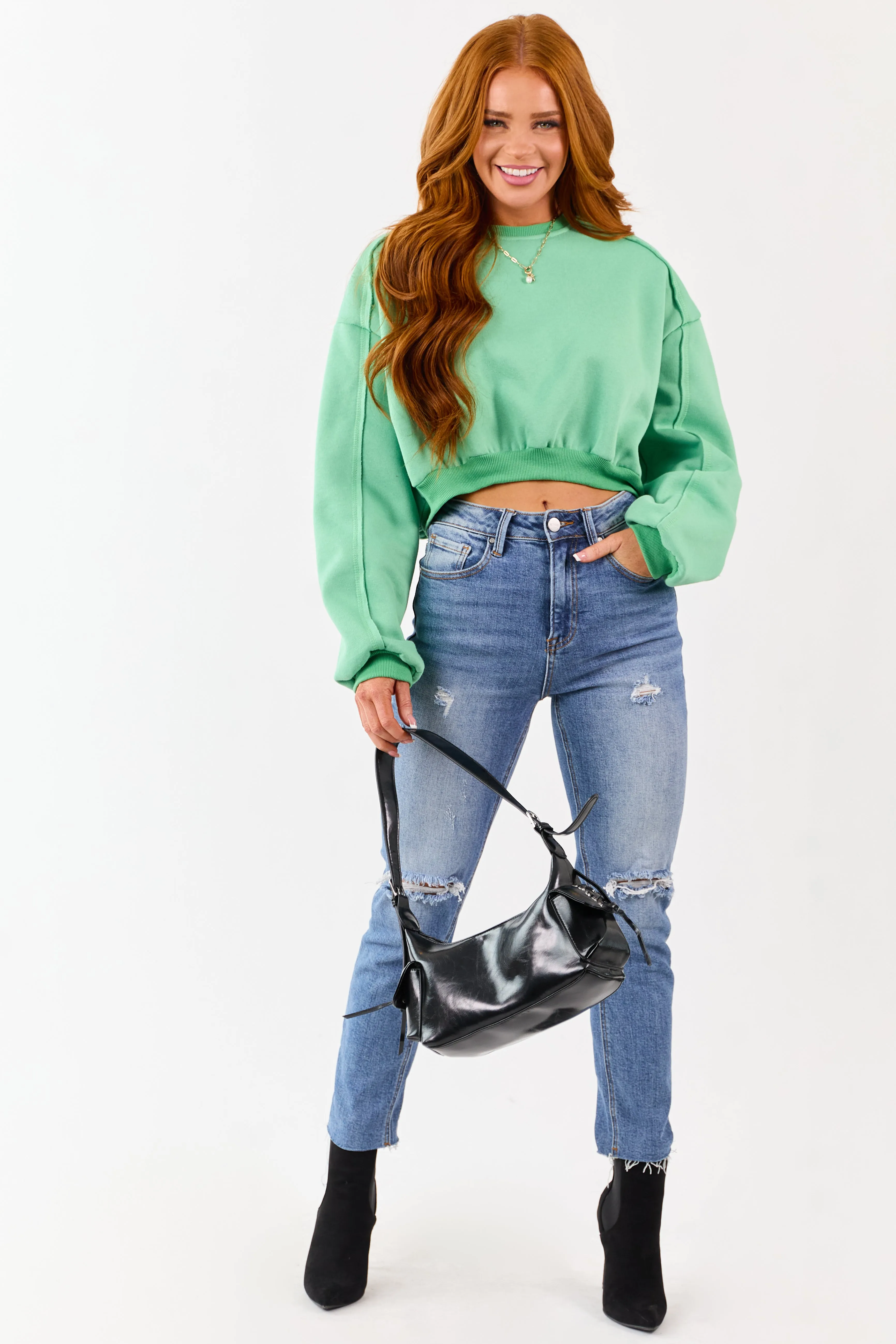 Kelly Green Cropped Boxy Crew Neck Sweatshirt sold by Lime Lush product image thumbnail 2