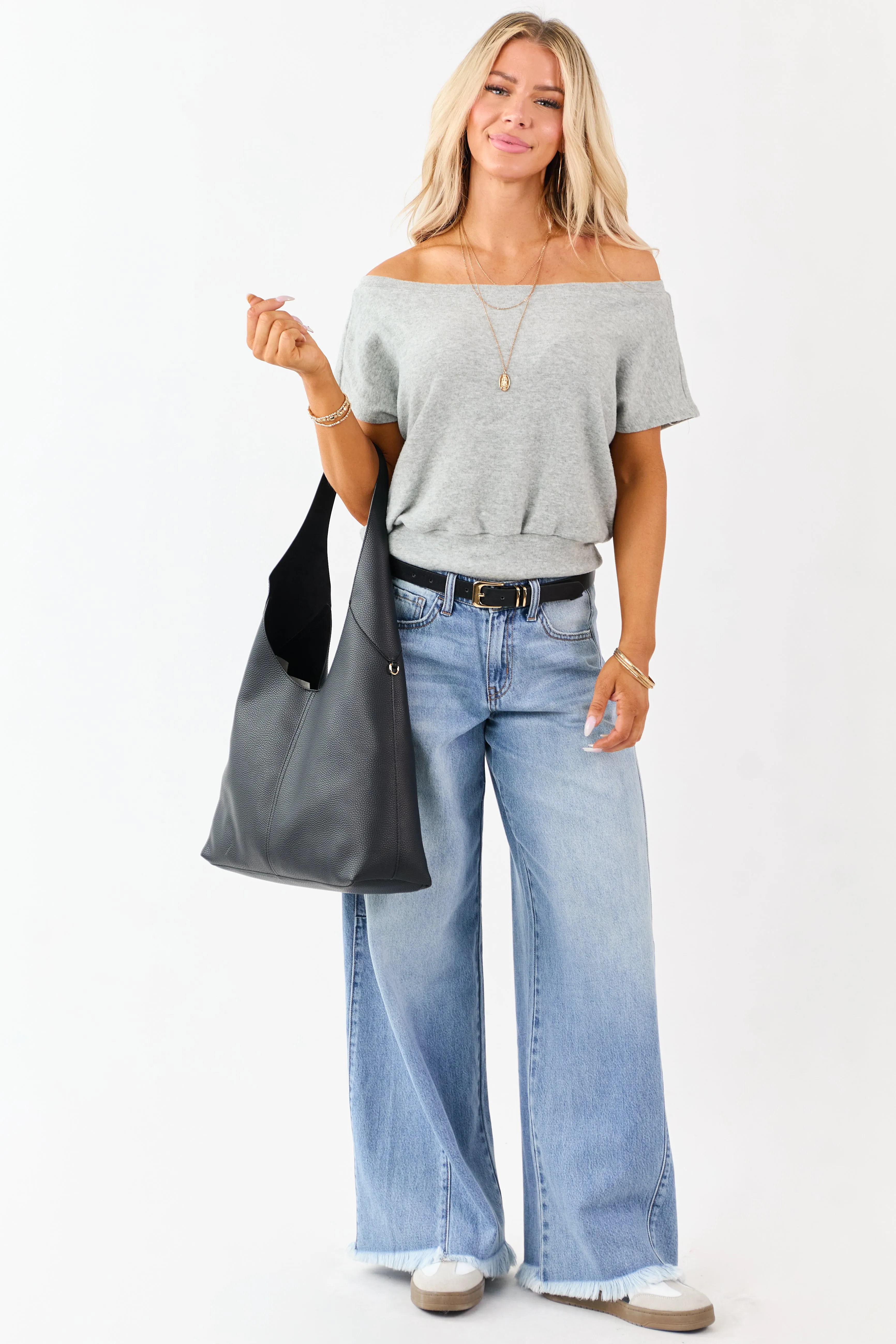 Dove Grey One Shoulder Relaxed Soft Knit Top sold by Lime Lush product image thumbnail 3