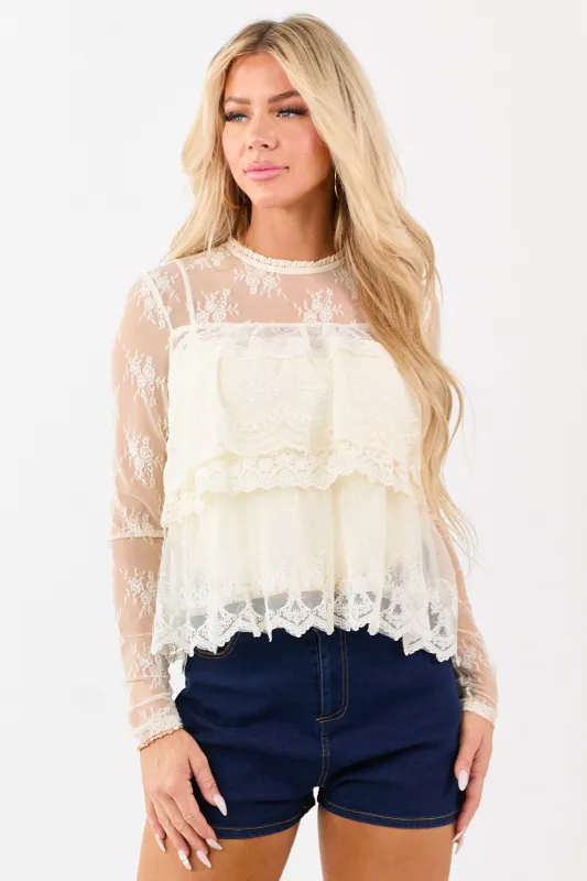 Listicle Cream Lace Tiered Ruffle Long Sleeve Top sold by Lime Lush