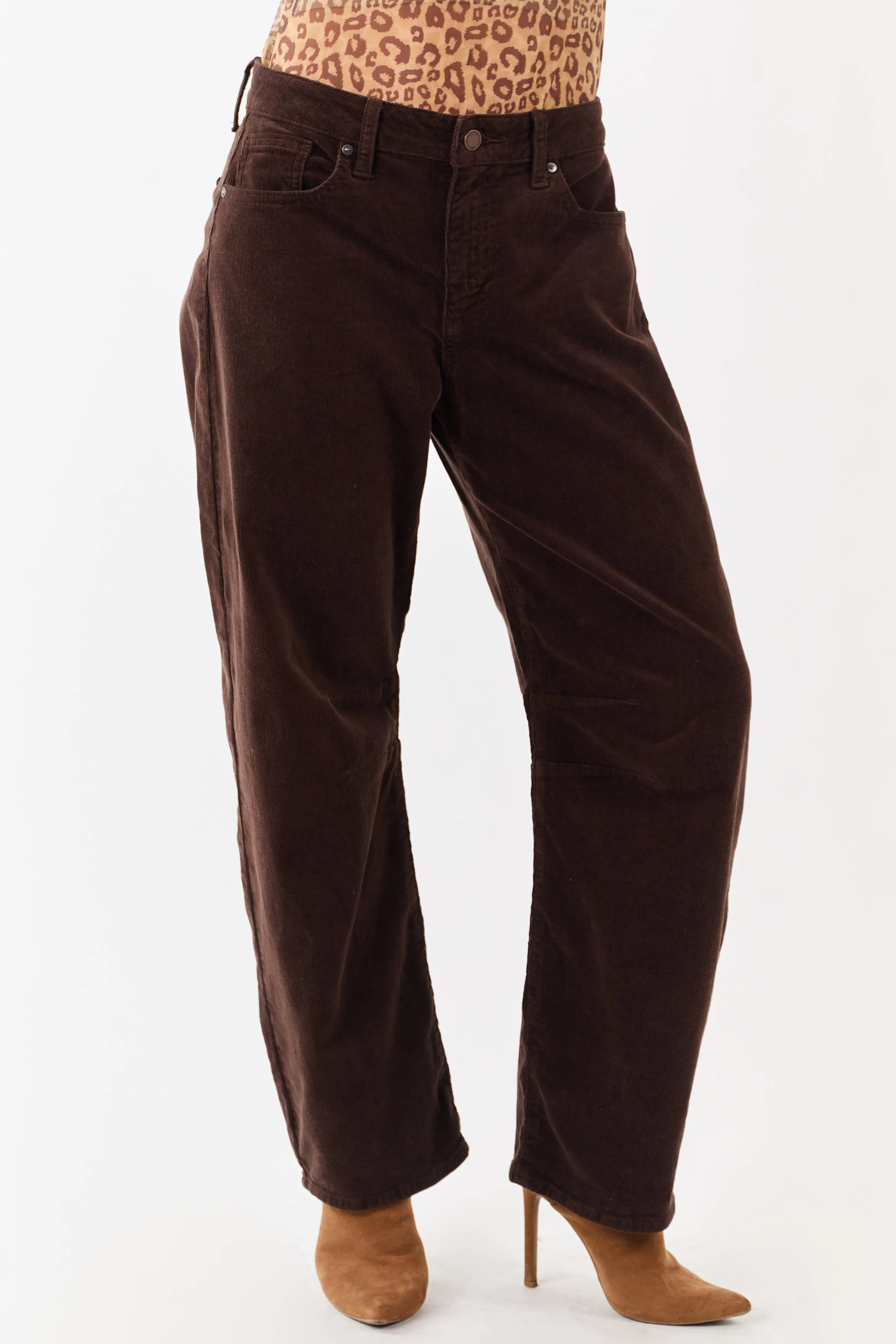Chocolate Corduroy High Rise Stretchy Barrel Pants sold by Lime Lush product image thumbnail 2