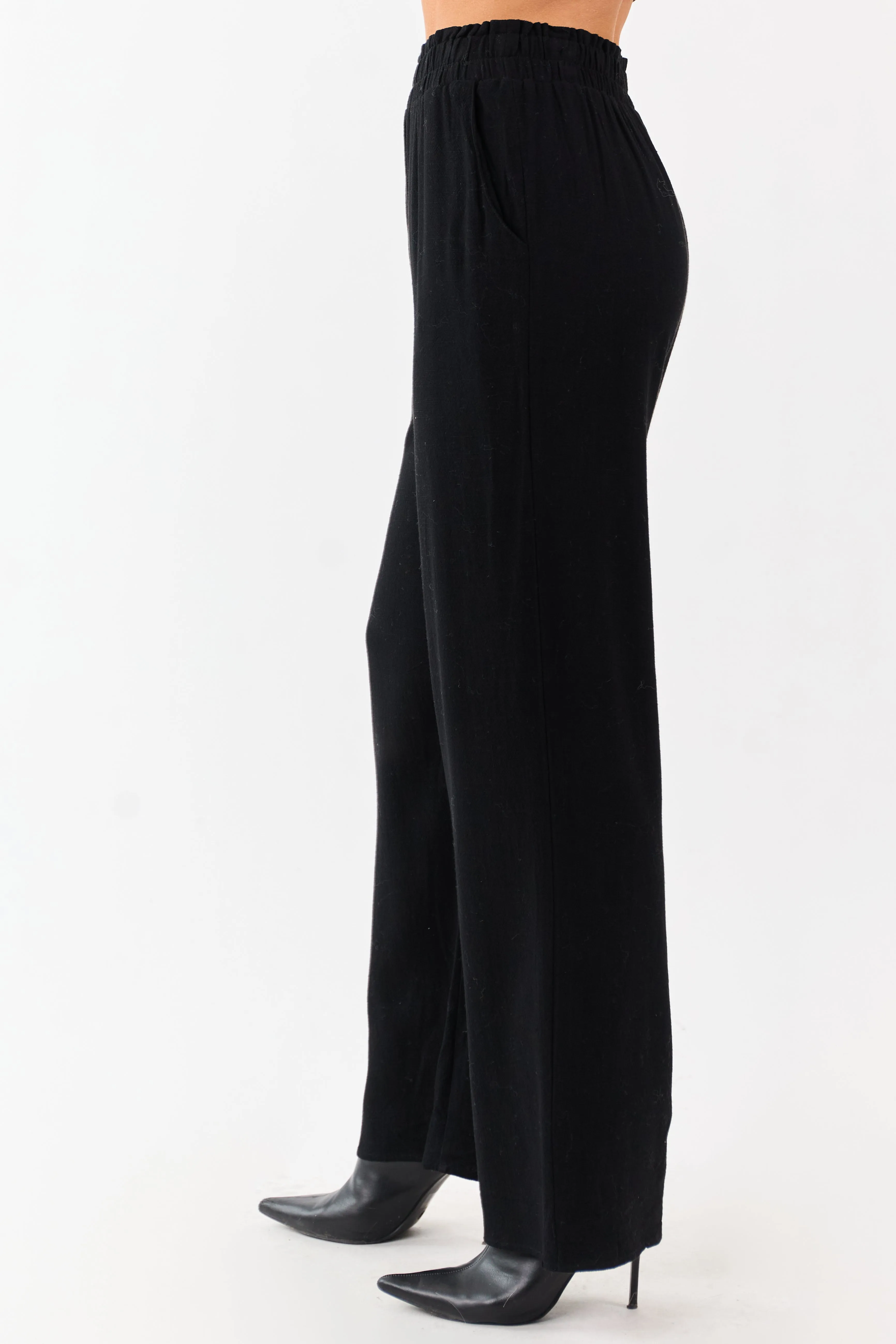 Black Smocked Waistband Wide Leg Linen Blend Pants sold by Lime Lush product image thumbnail 3