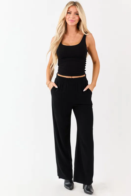 Black Smocked Waistband Wide Leg Linen Blend Pants sold by Lime Lush