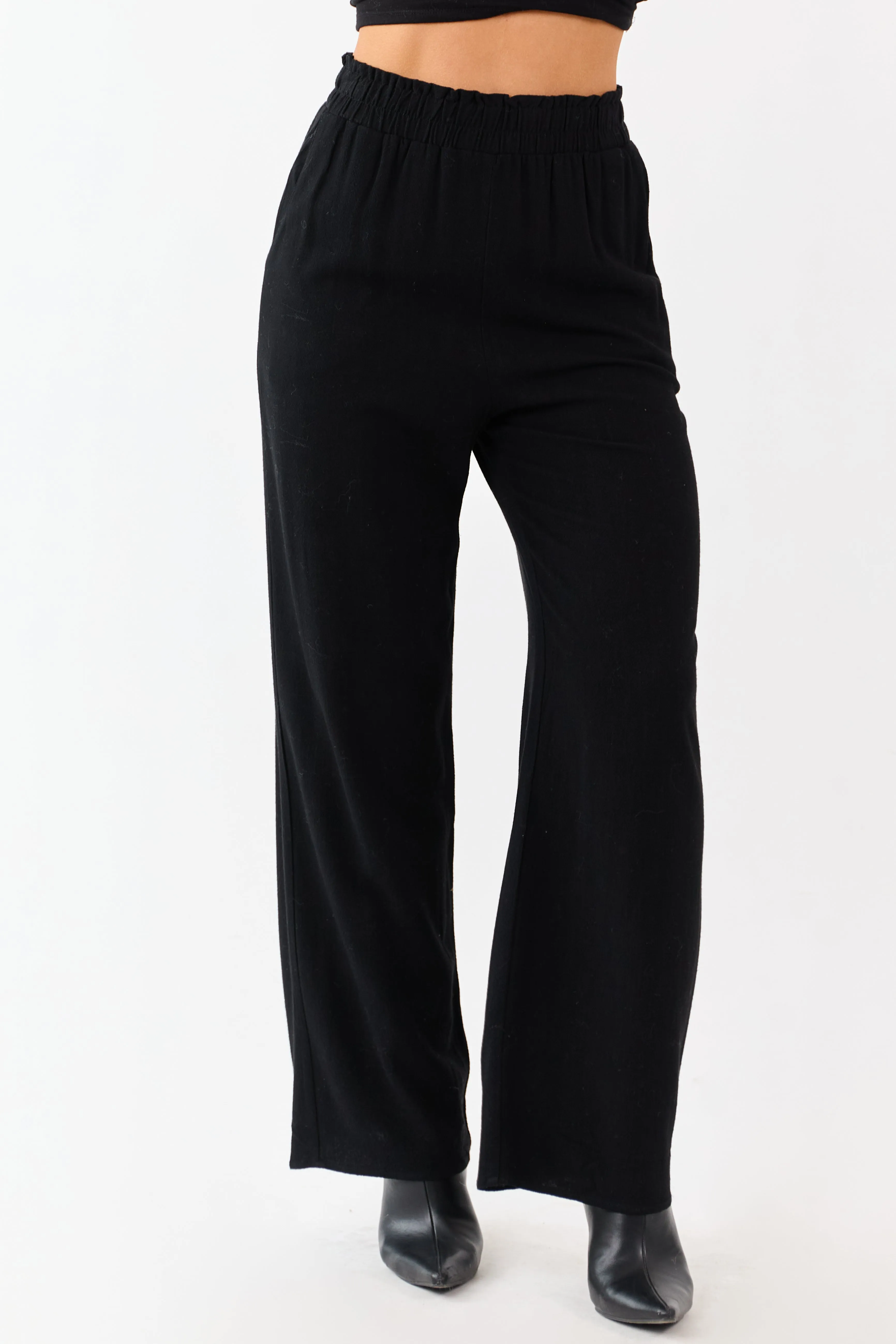 Black Smocked Waistband Wide Leg Linen Blend Pants sold by Lime Lush product image thumbnail 2