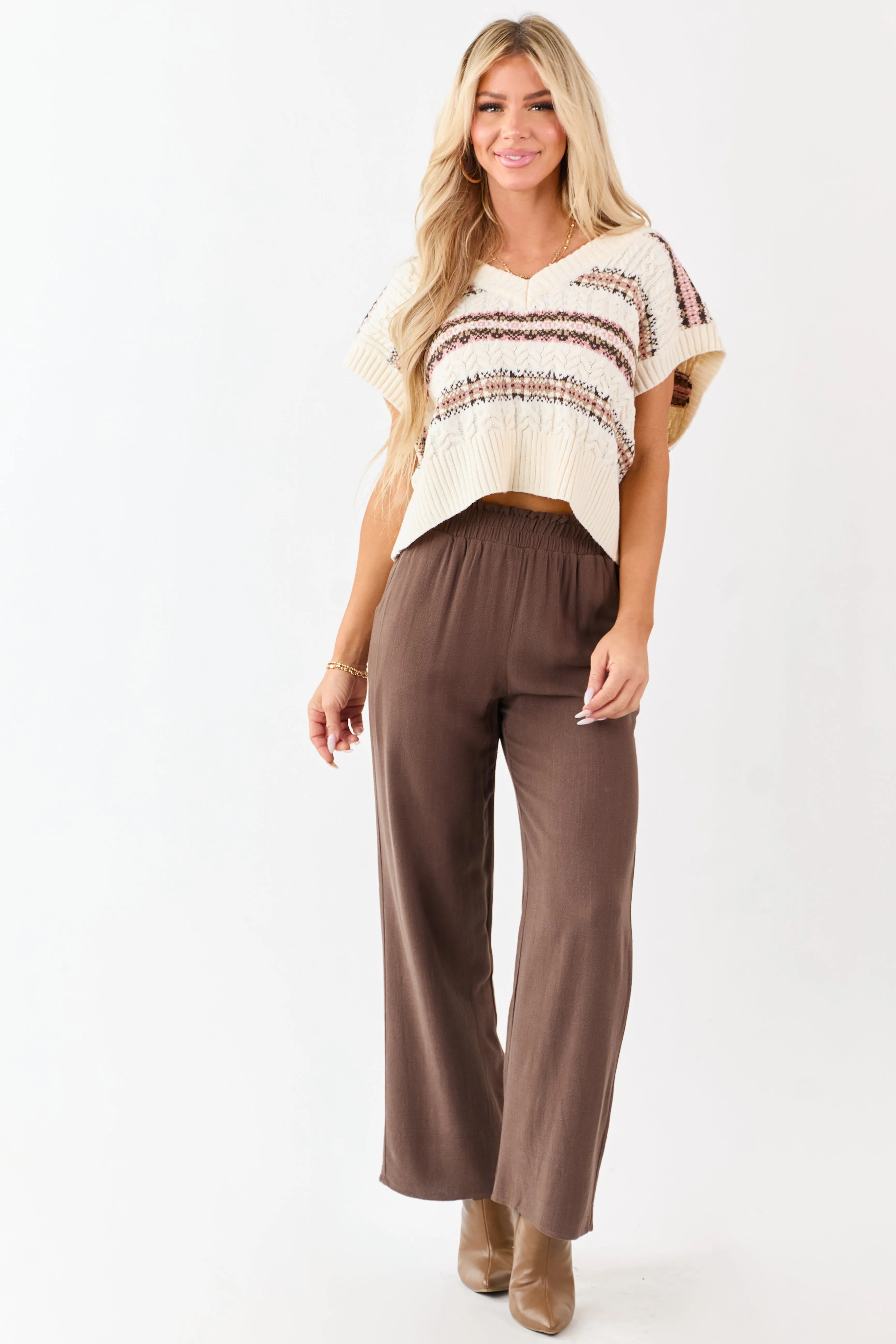 Coffee Smocked Waistband Wide Leg Linen Blend Pants sold by Lime Lush product image thumbnail 5