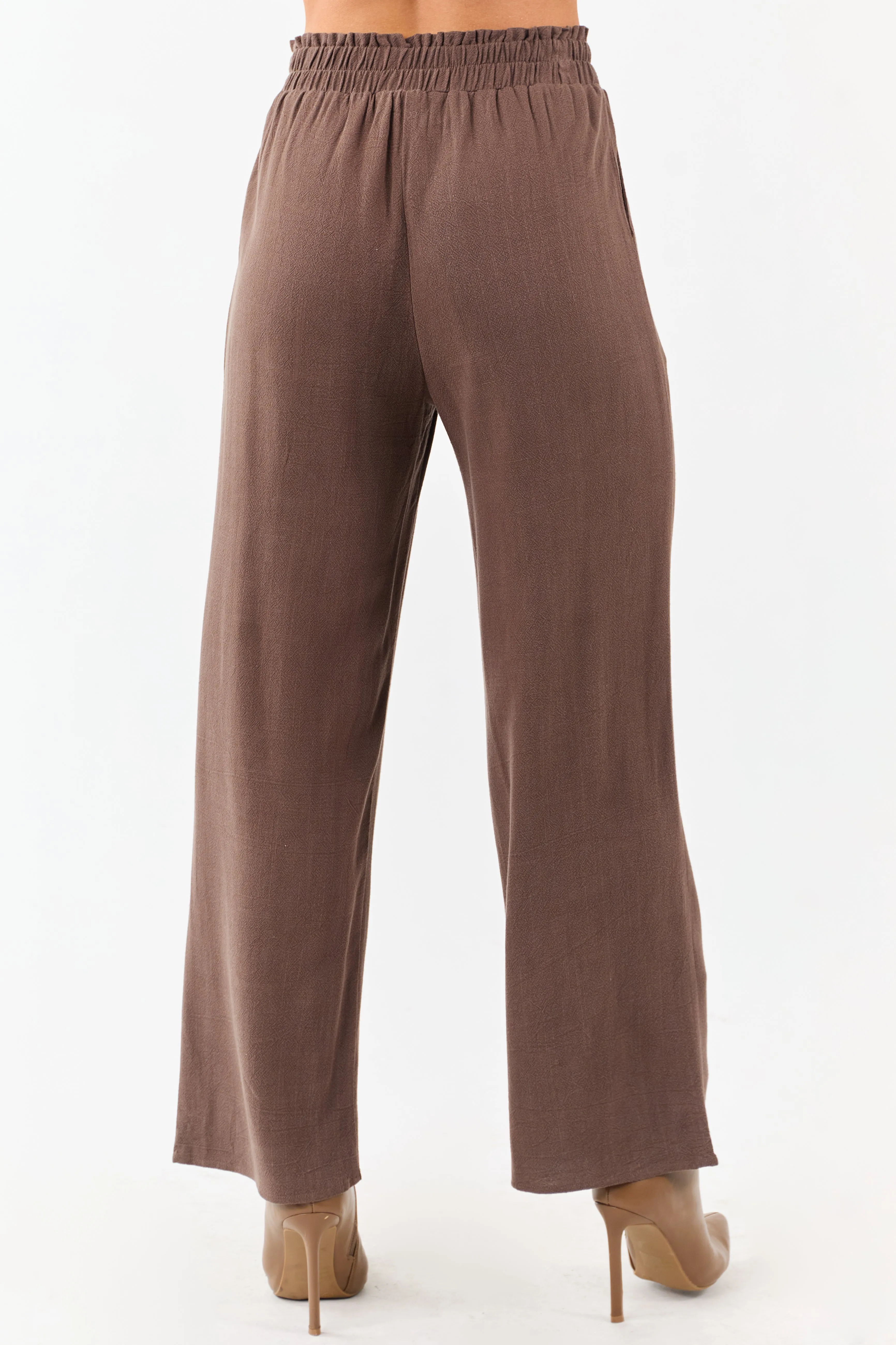 Coffee Smocked Waistband Wide Leg Linen Blend Pants sold by Lime Lush product image thumbnail 4