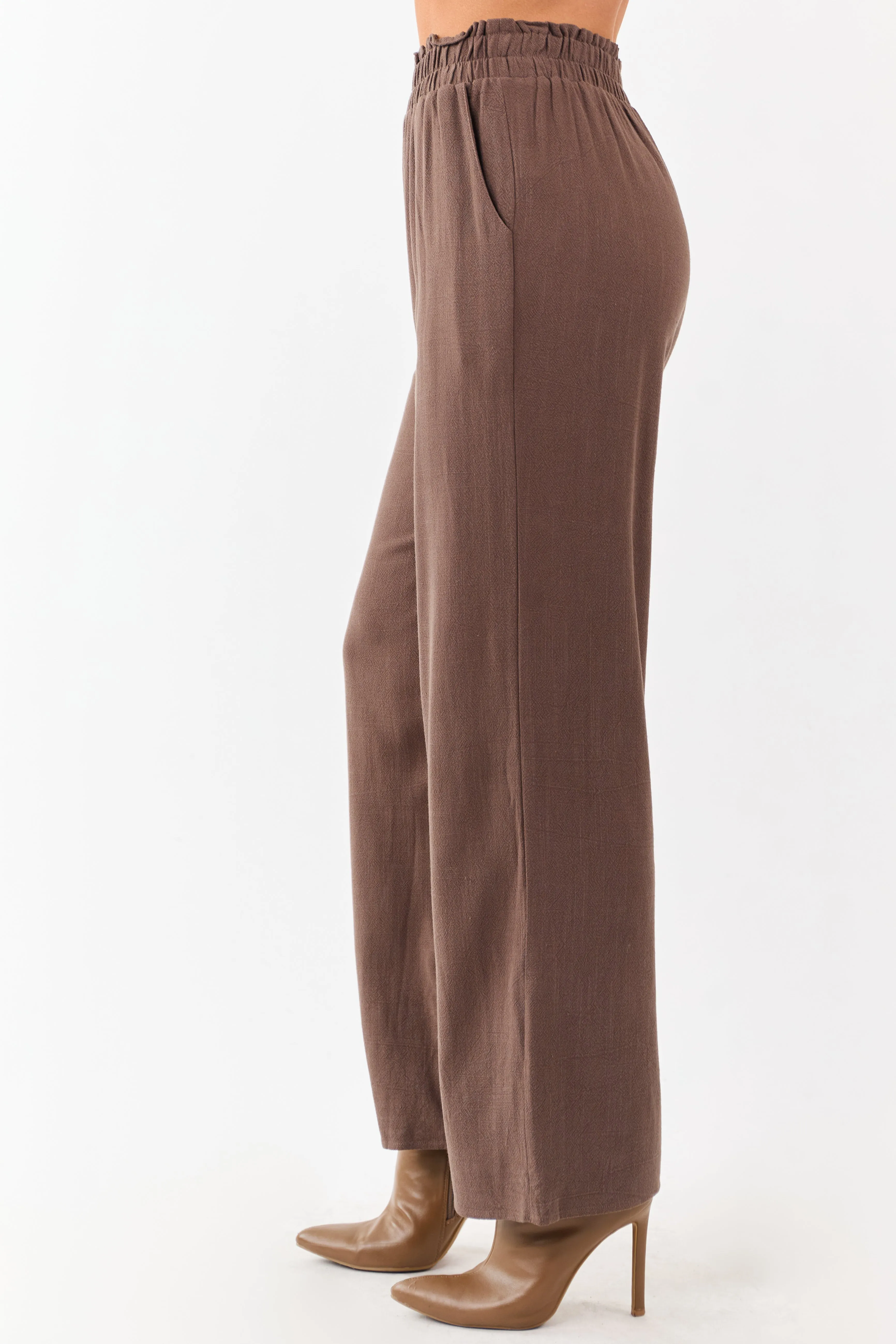 Coffee Smocked Waistband Wide Leg Linen Blend Pants sold by Lime Lush product image thumbnail 3
