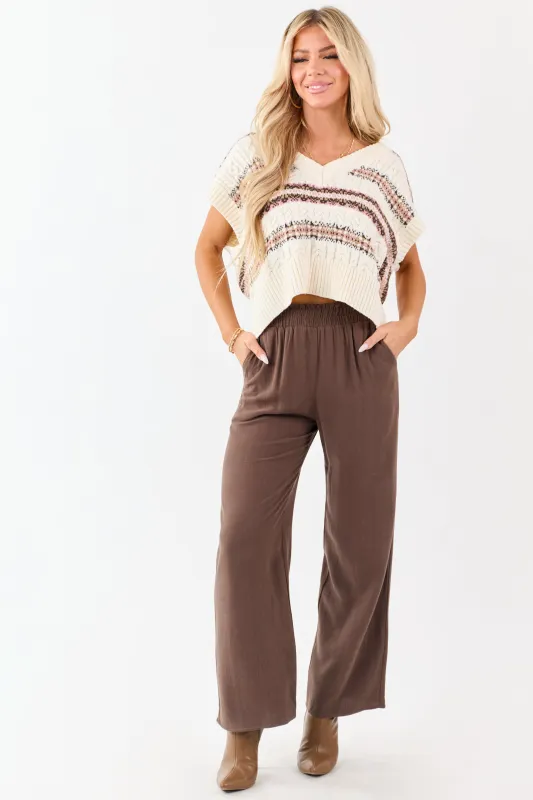 Coffee Smocked Waistband Wide Leg Linen Blend Pants sold by Lime Lush