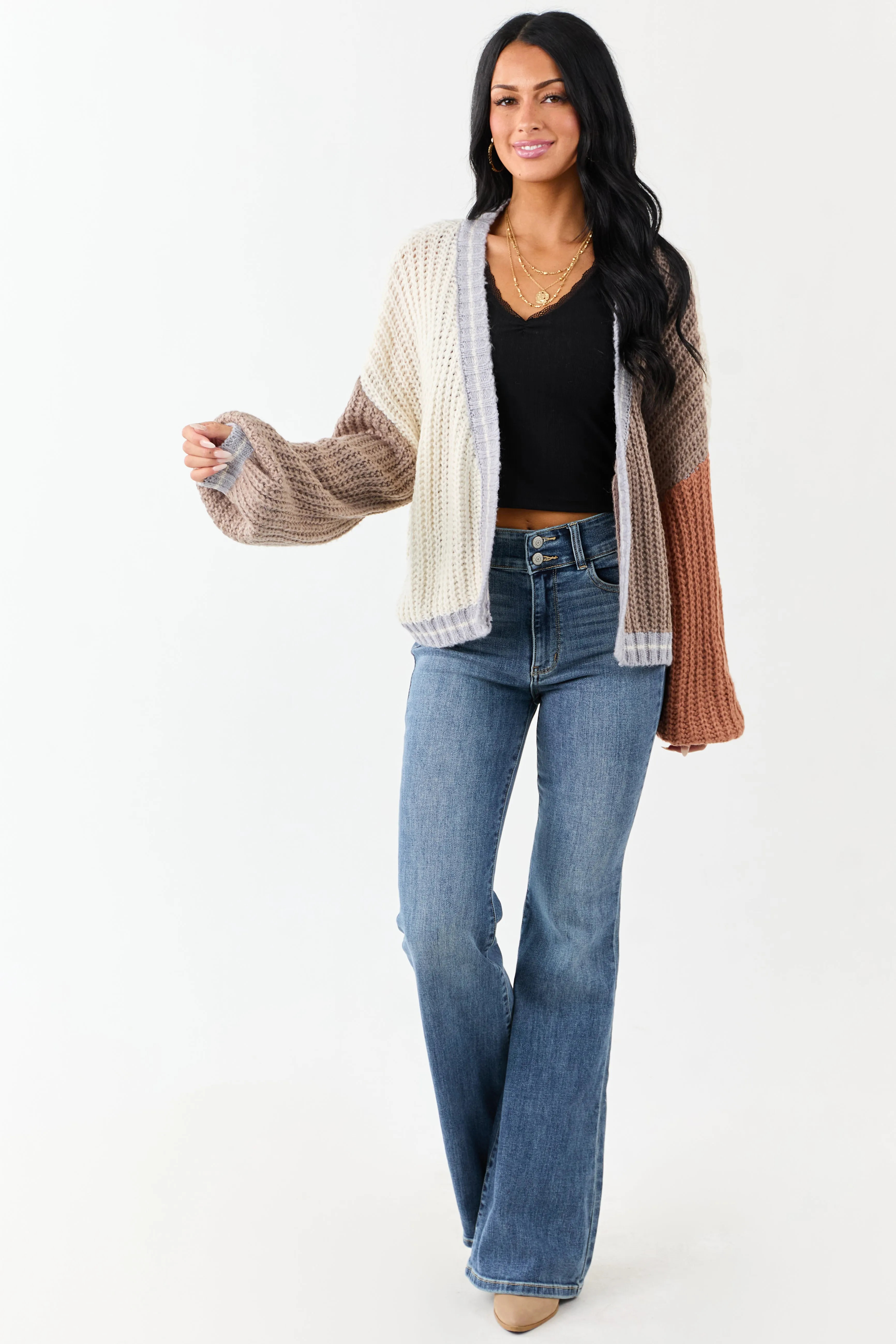 Cream and Coffee Colorblock Puff Sleeve Cardigan sold by Lime Lush product image thumbnail 3