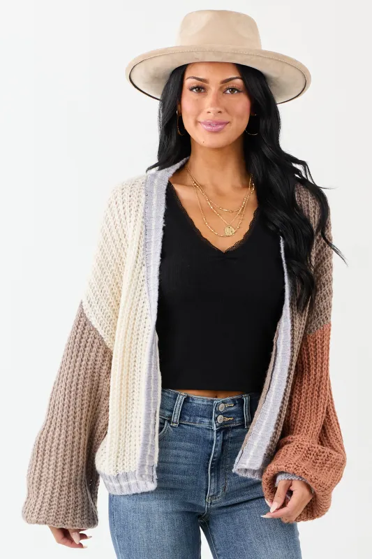 Cream and Coffee Colorblock Puff Sleeve Cardigan sold by Lime Lush
