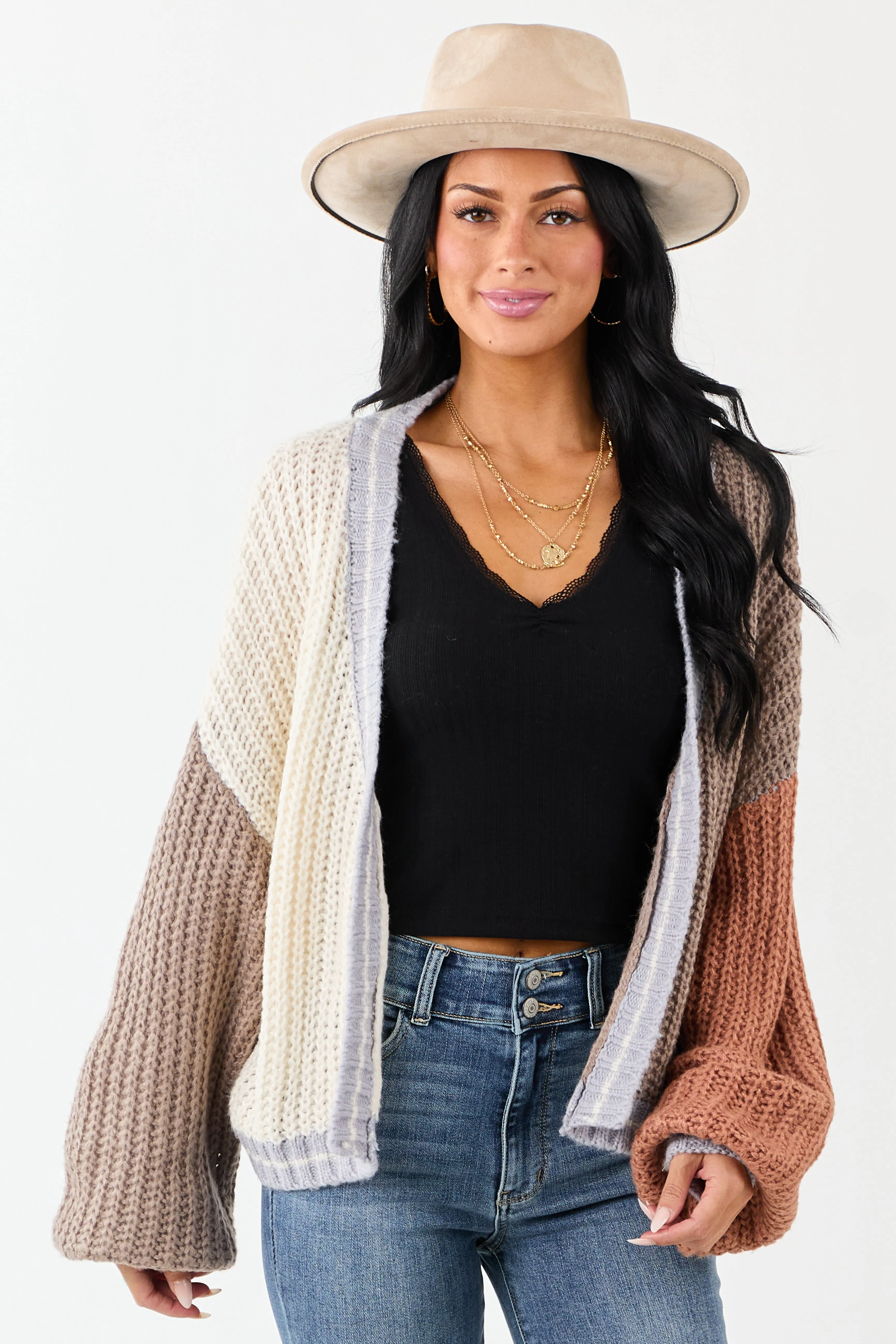 Cream and Coffee Colorblock Puff Sleeve Cardigan sold by Lime Lush
