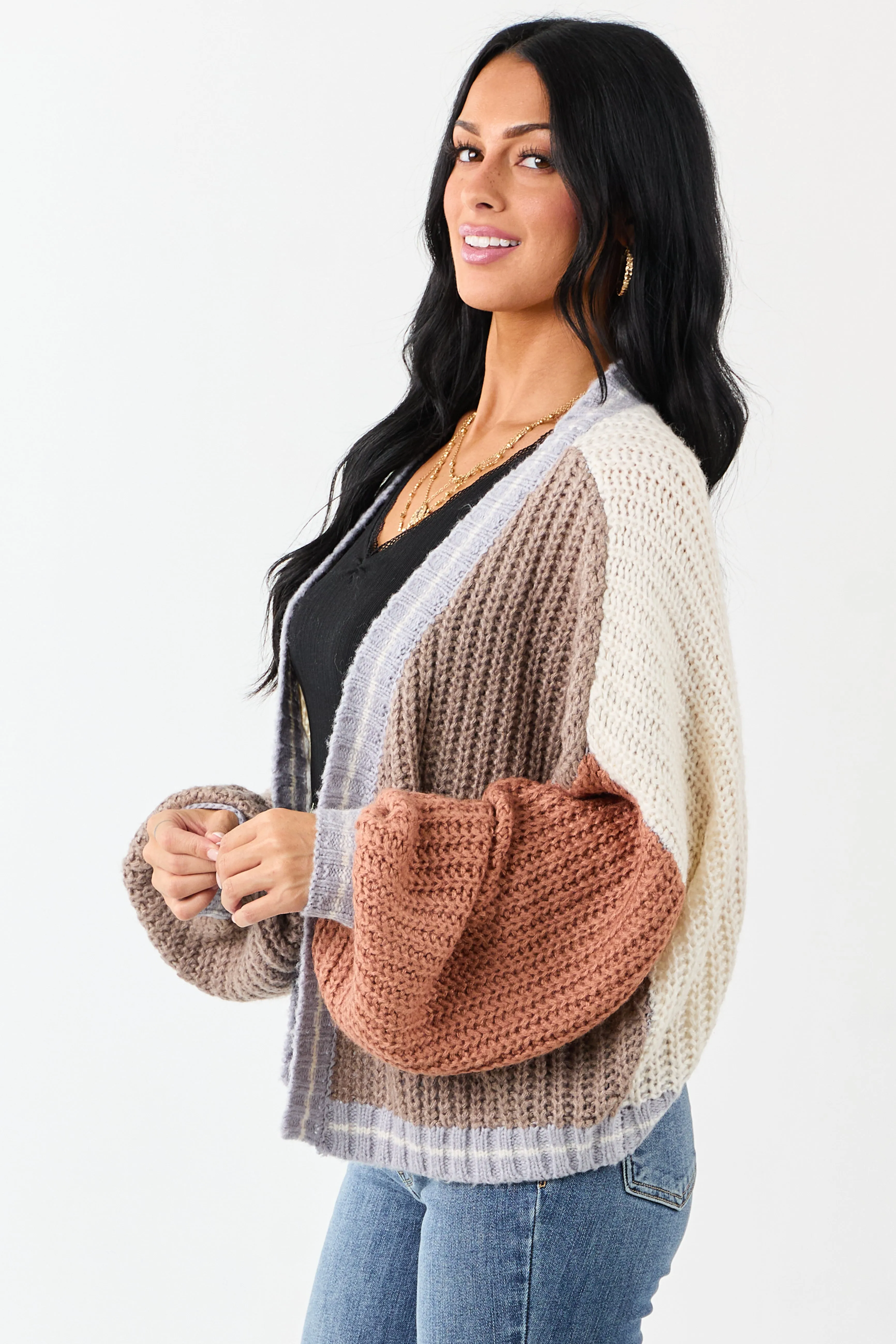 Cream and Coffee Colorblock Puff Sleeve Cardigan sold by Lime Lush product image thumbnail 4