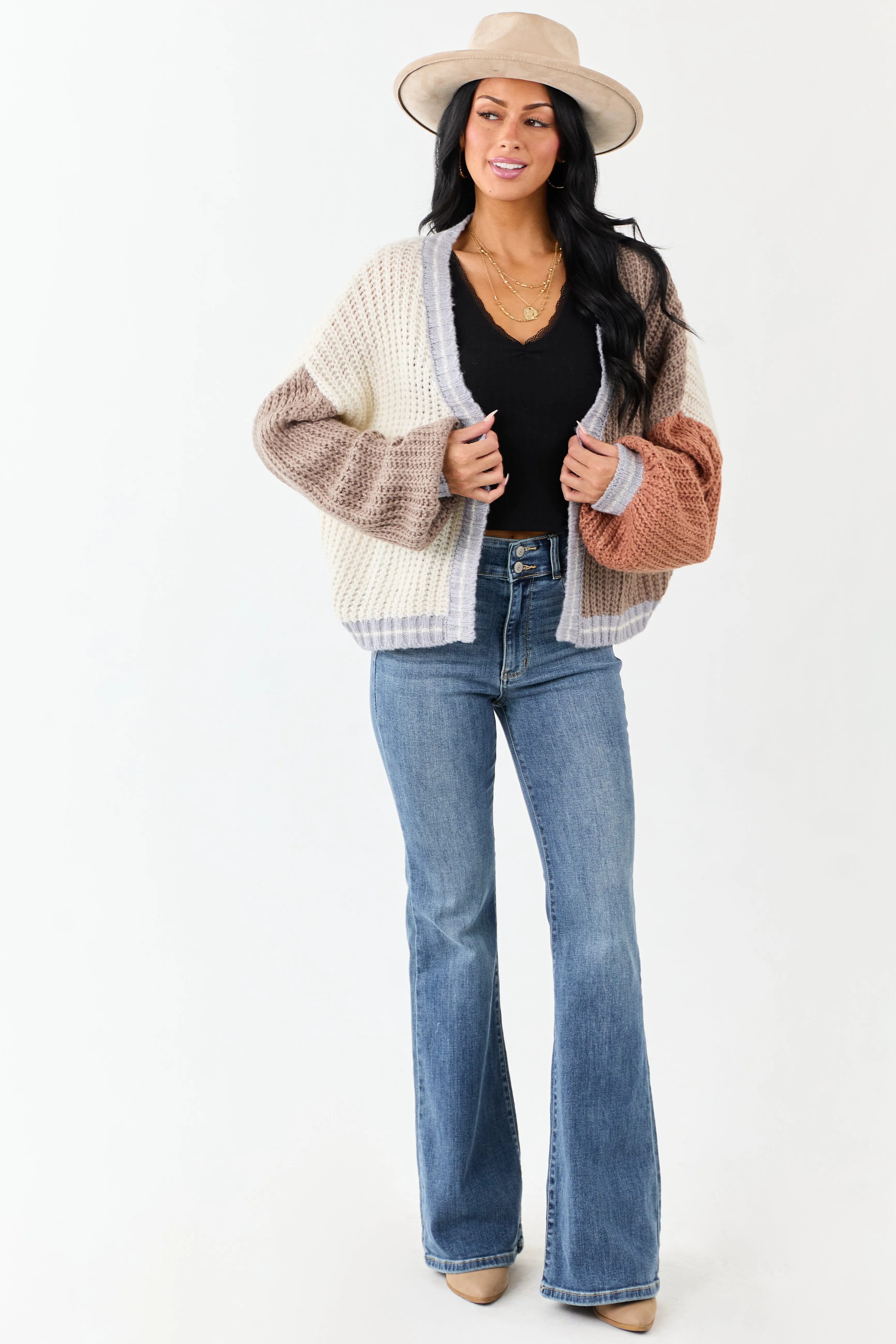 Cream and Coffee Colorblock Puff Sleeve Cardigan sold by Lime Lush product image thumbnail 2