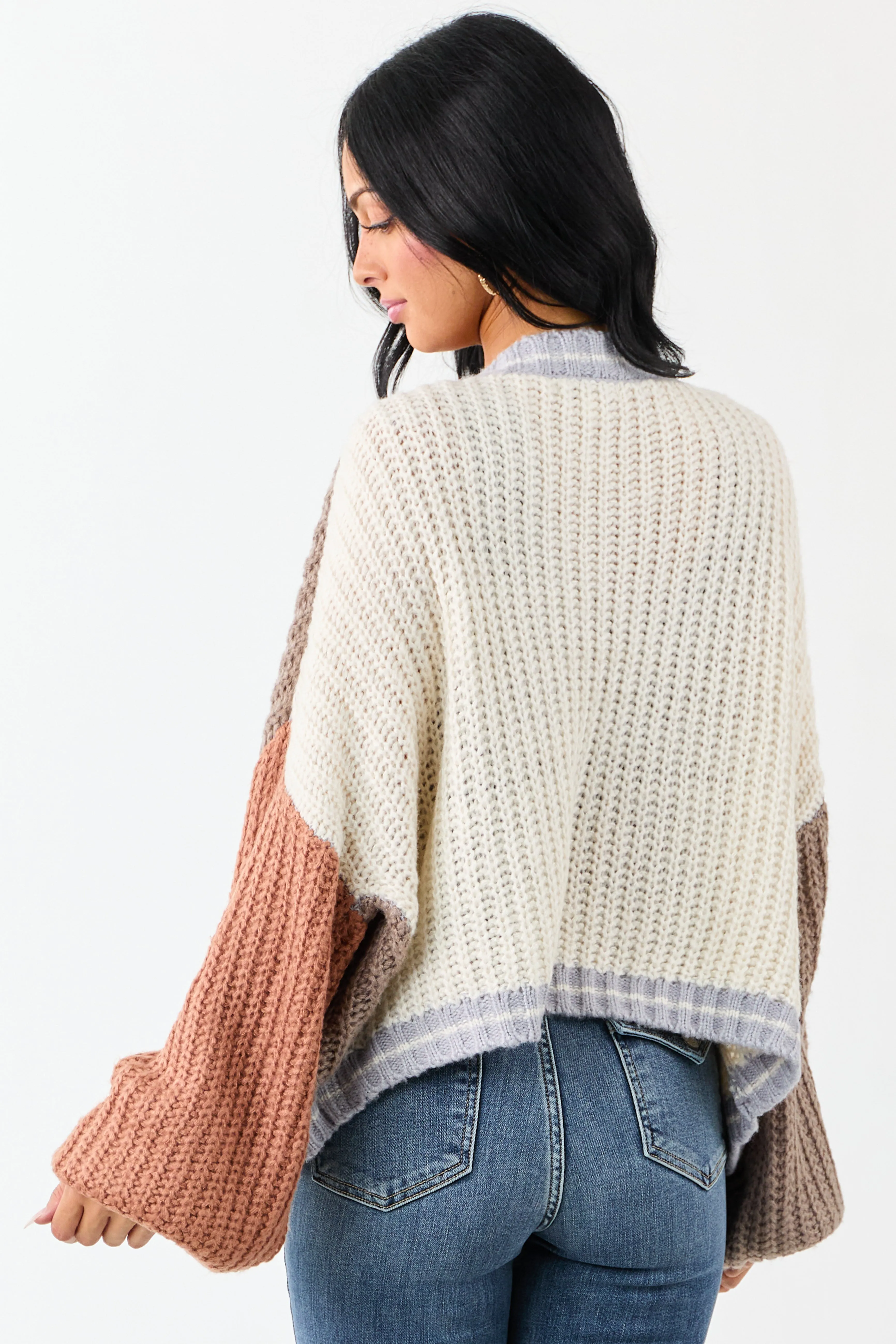 Cream and Coffee Colorblock Puff Sleeve Cardigan sold by Lime Lush product image thumbnail 5