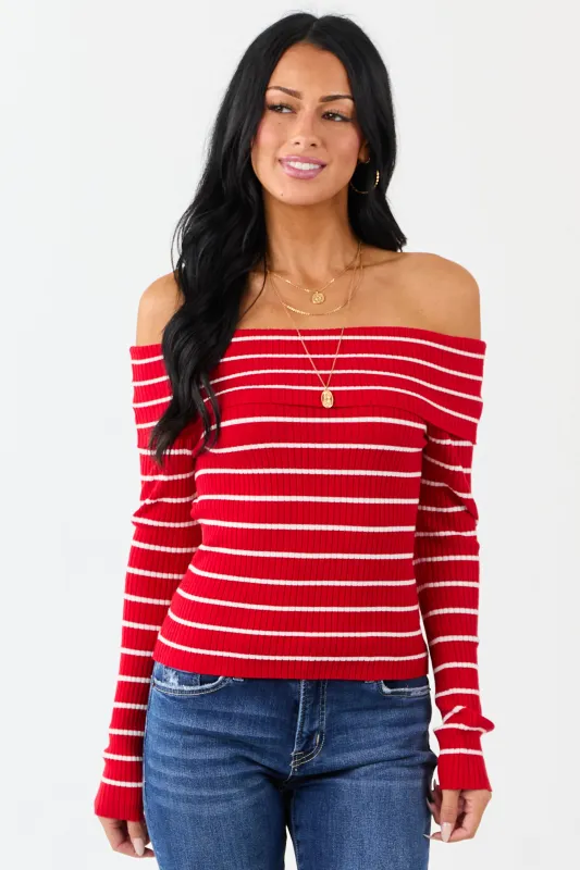 Lipstick Striped Off the Shoulder Fitted Knit Top sold by Lime Lush