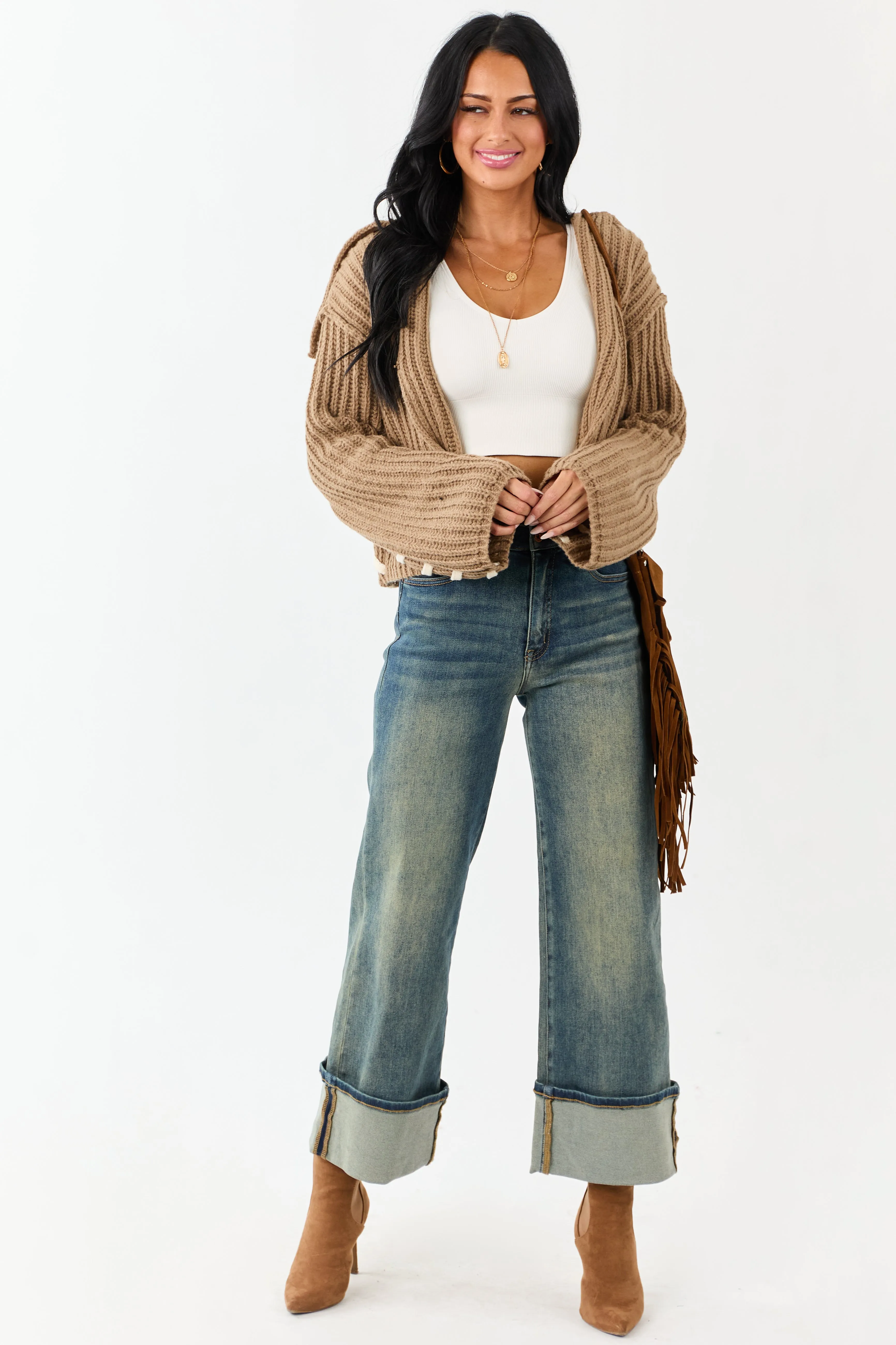 Peanut Contrast Stitching Rib Knit Cardigan sold by Lime Lush product image thumbnail 4
