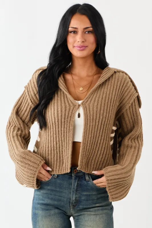 Peanut Contrast Stitching Rib Knit Cardigan sold by Lime Lush