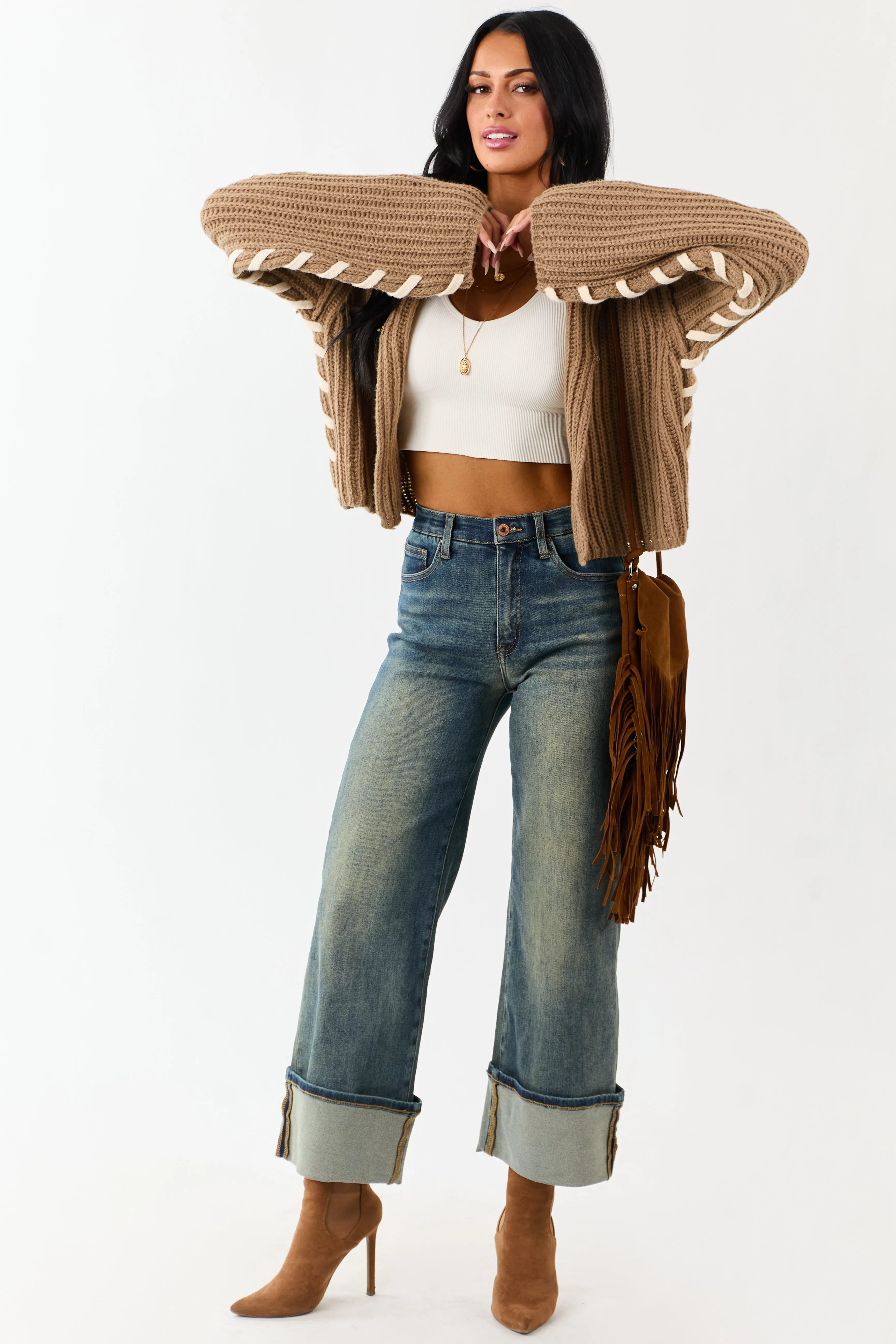 Peanut Contrast Stitching Rib Knit Cardigan sold by Lime Lush product image thumbnail 5