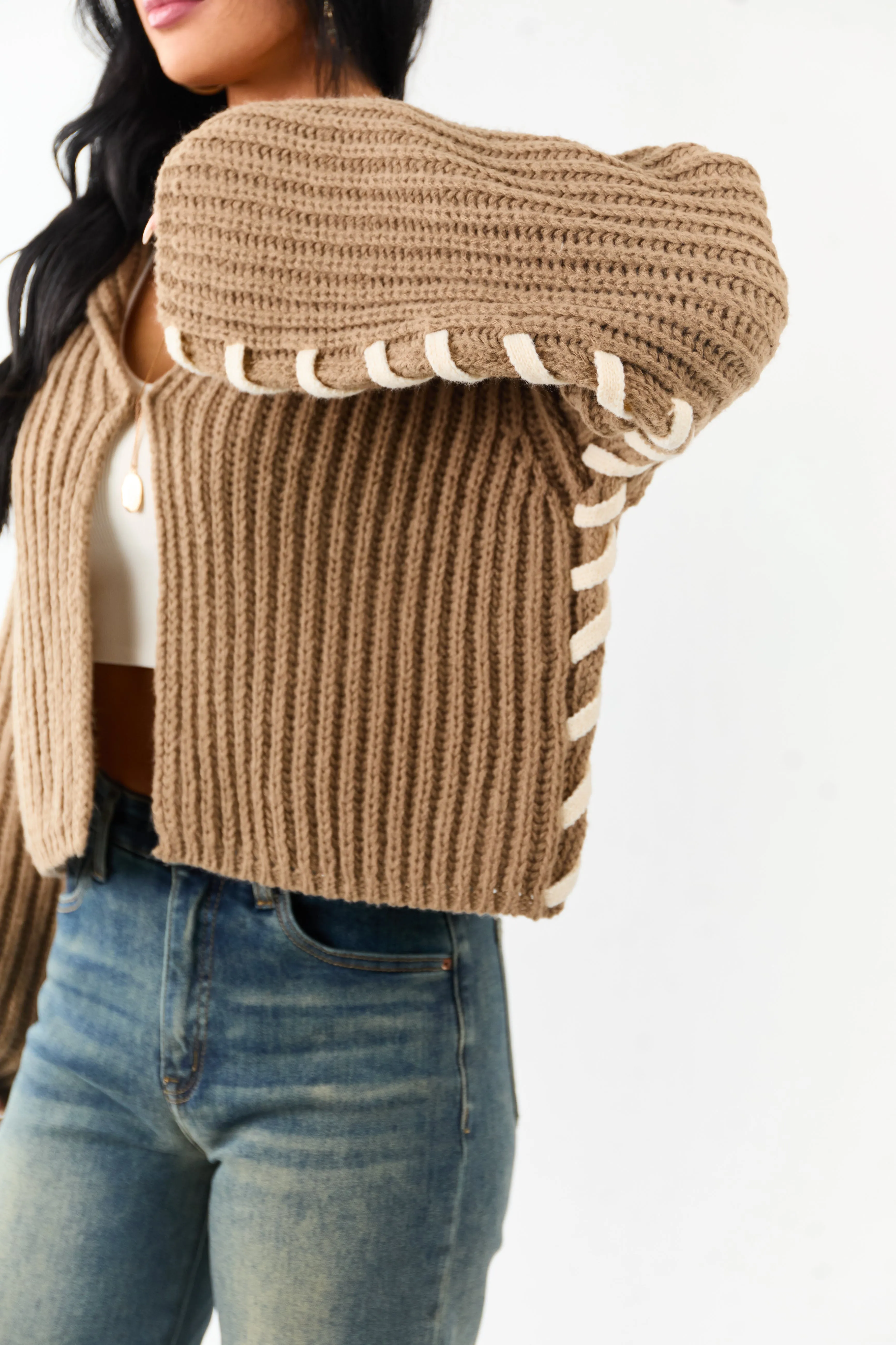 Peanut Contrast Stitching Rib Knit Cardigan sold by Lime Lush product image thumbnail 2