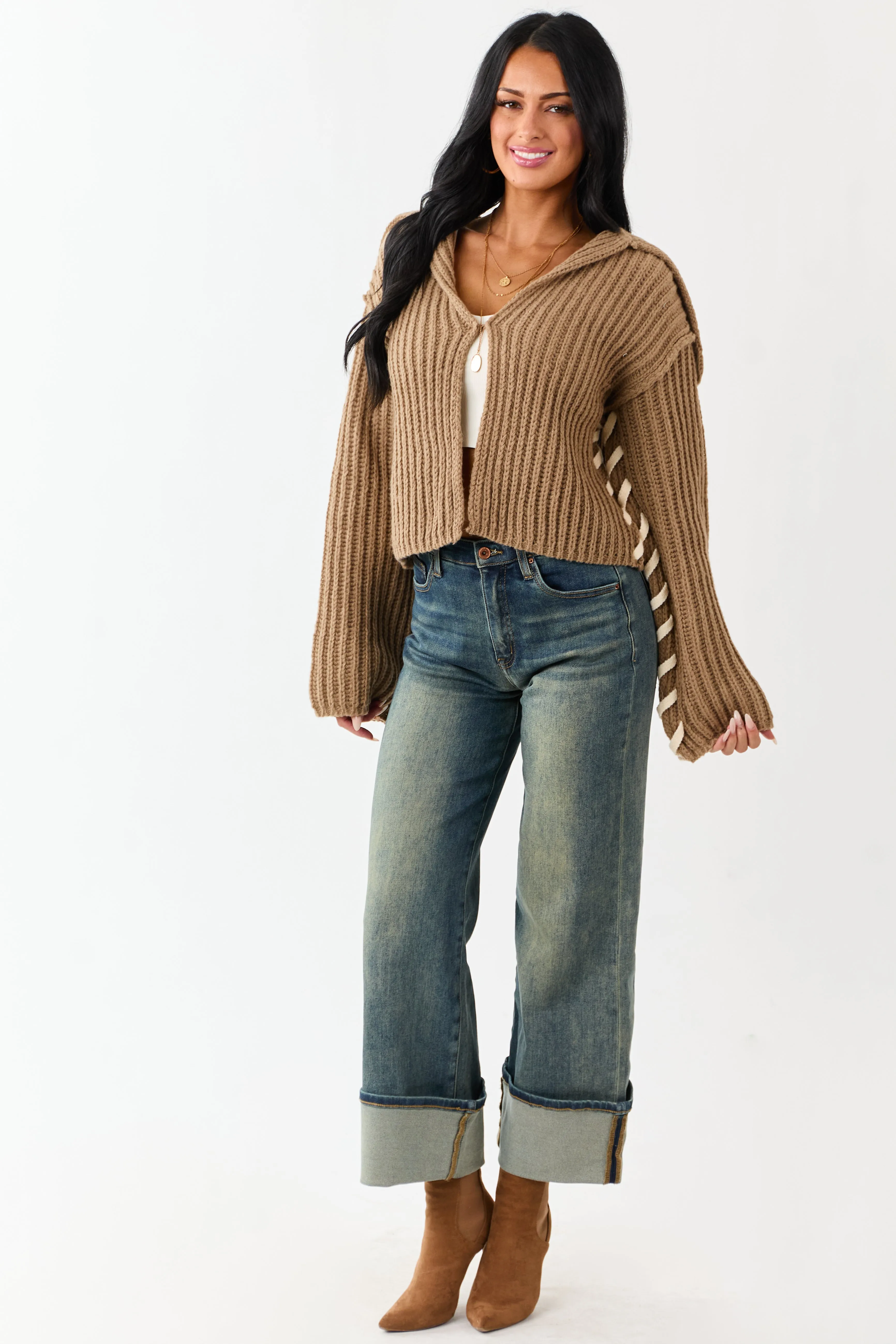 Peanut Contrast Stitching Rib Knit Cardigan sold by Lime Lush product image thumbnail 3