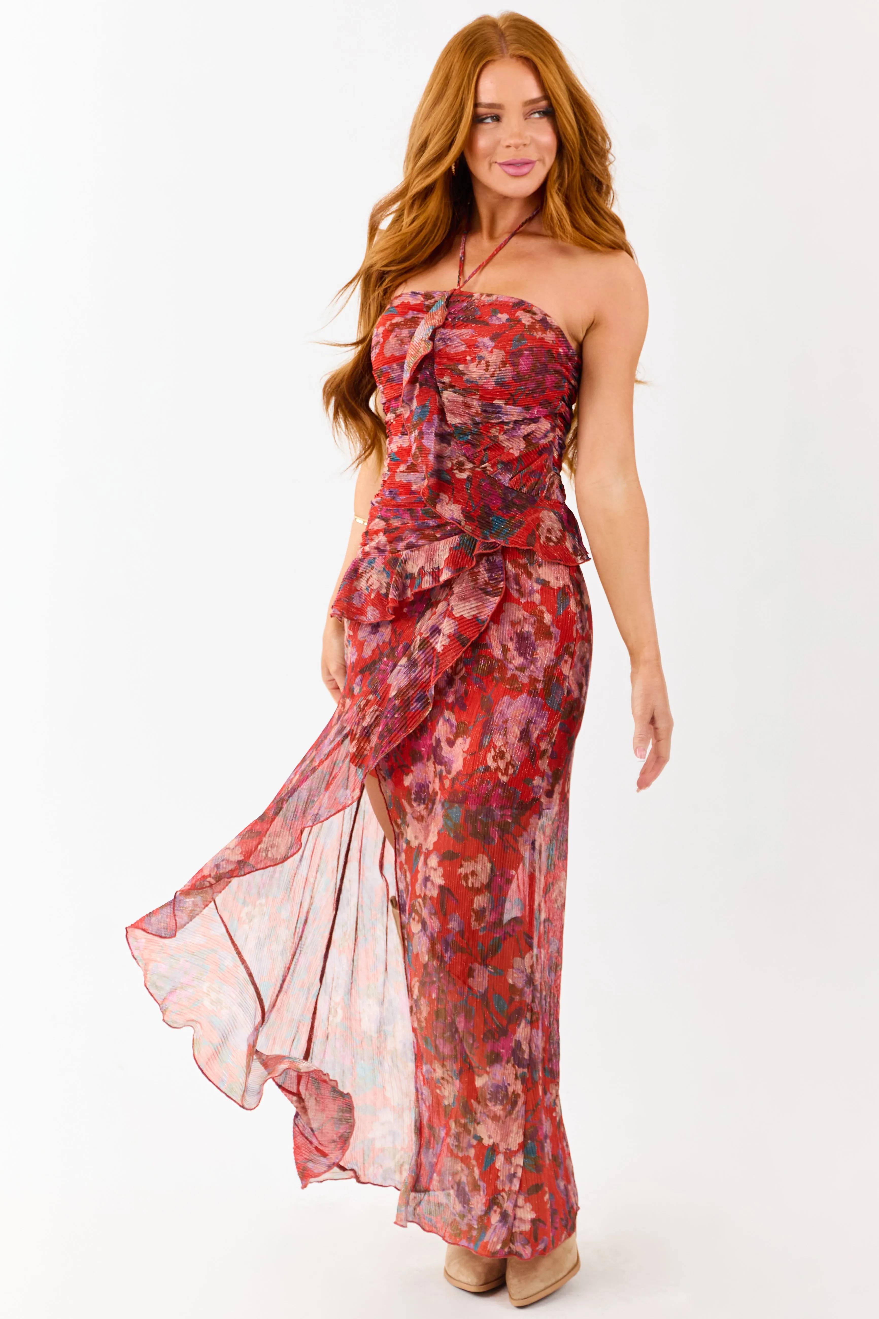 Scarlet Floral Print Ruffle Trim Plisse Maxi Dress sold by Lime Lush product image thumbnail 3