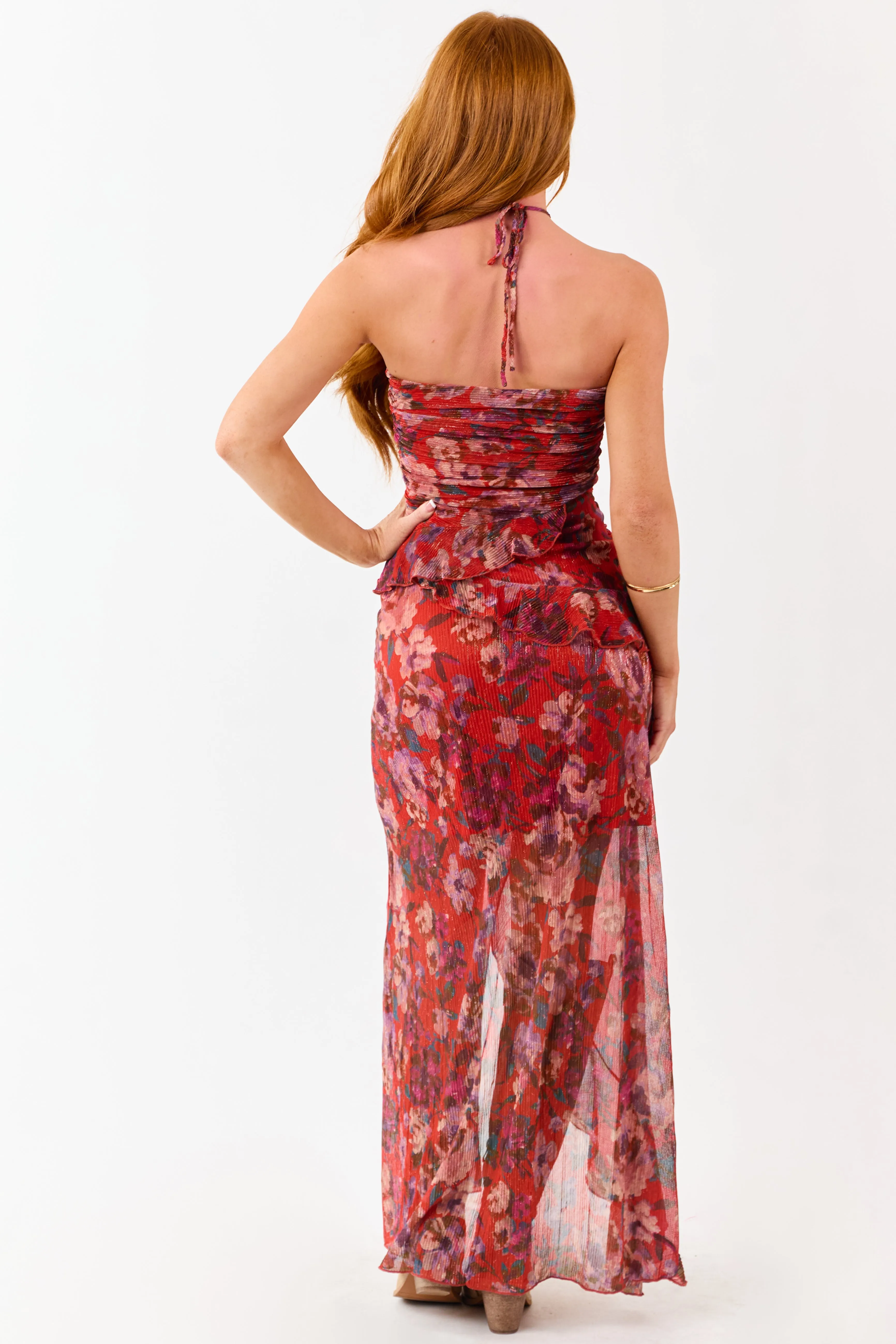 Scarlet Floral Print Ruffle Trim Plisse Maxi Dress sold by Lime Lush product image thumbnail 5