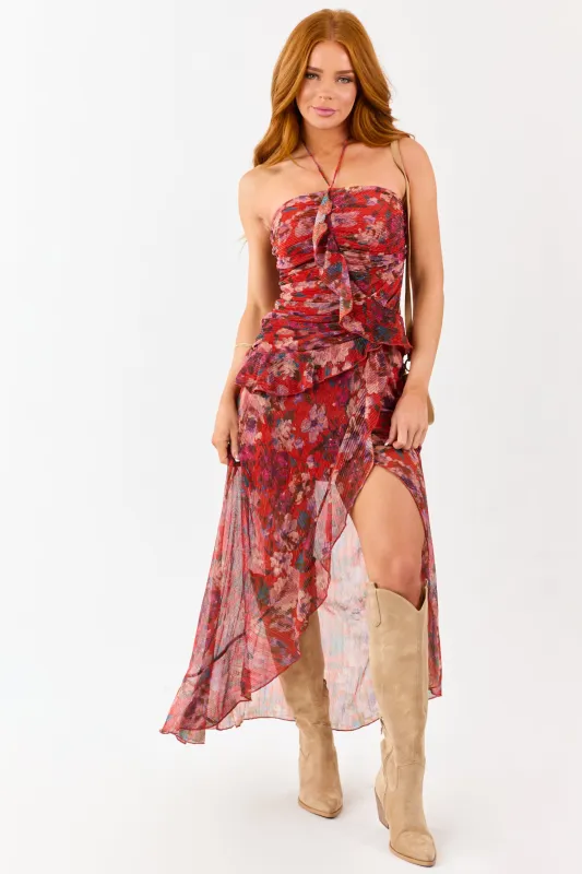 Scarlet Floral Print Ruffle Trim Plisse Maxi Dress sold by Lime Lush