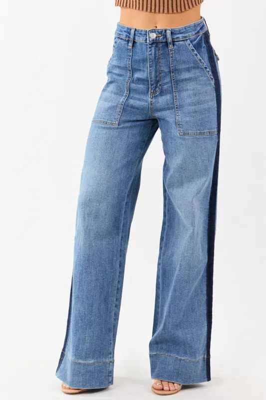 Mica Denim Medium Wash Tux Style Wide Stretchy Jeans made by Mica Denim