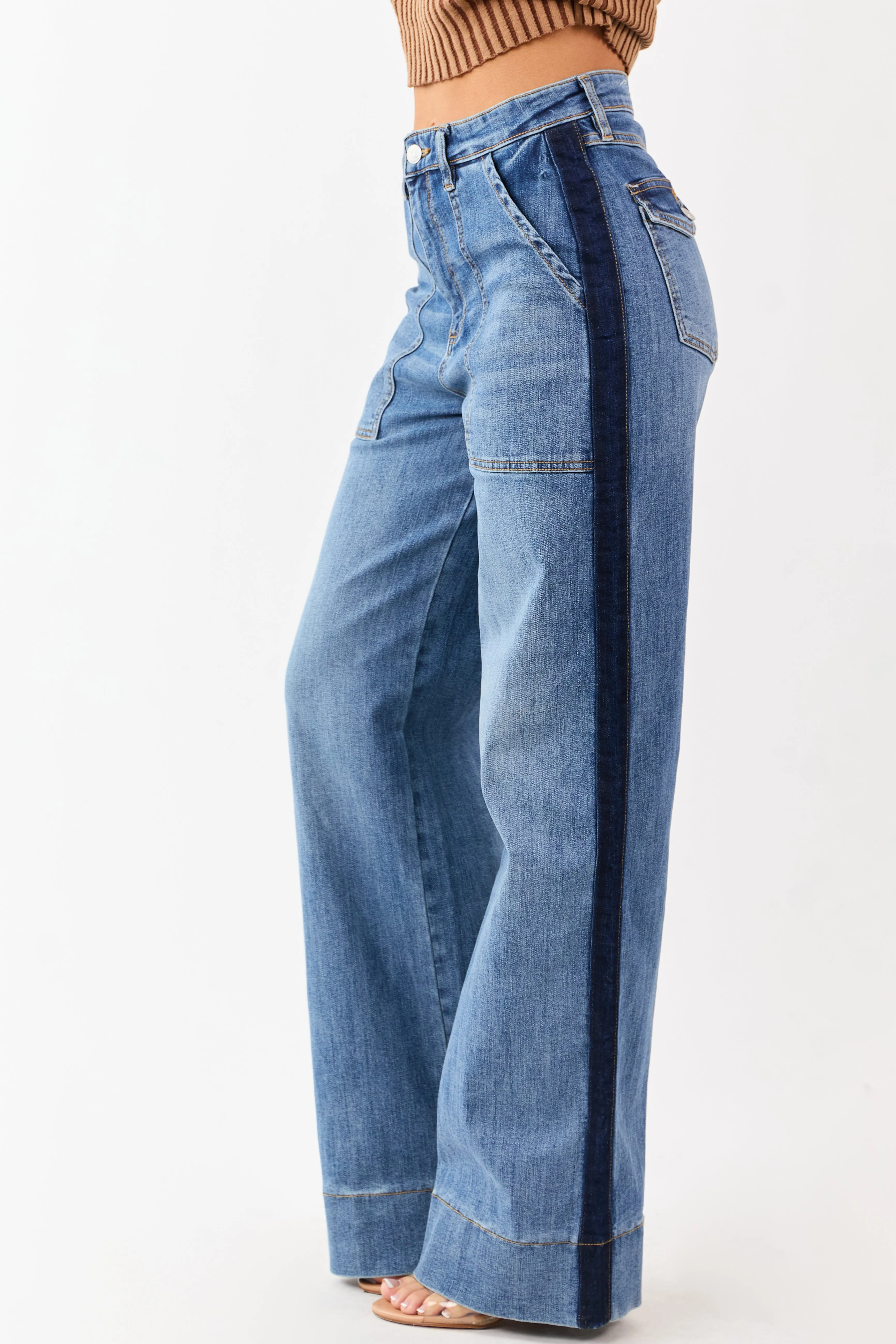Mica Denim Medium Wash Tux Style Wide Stretchy Jeans sold by Lime Lush product image thumbnail 3