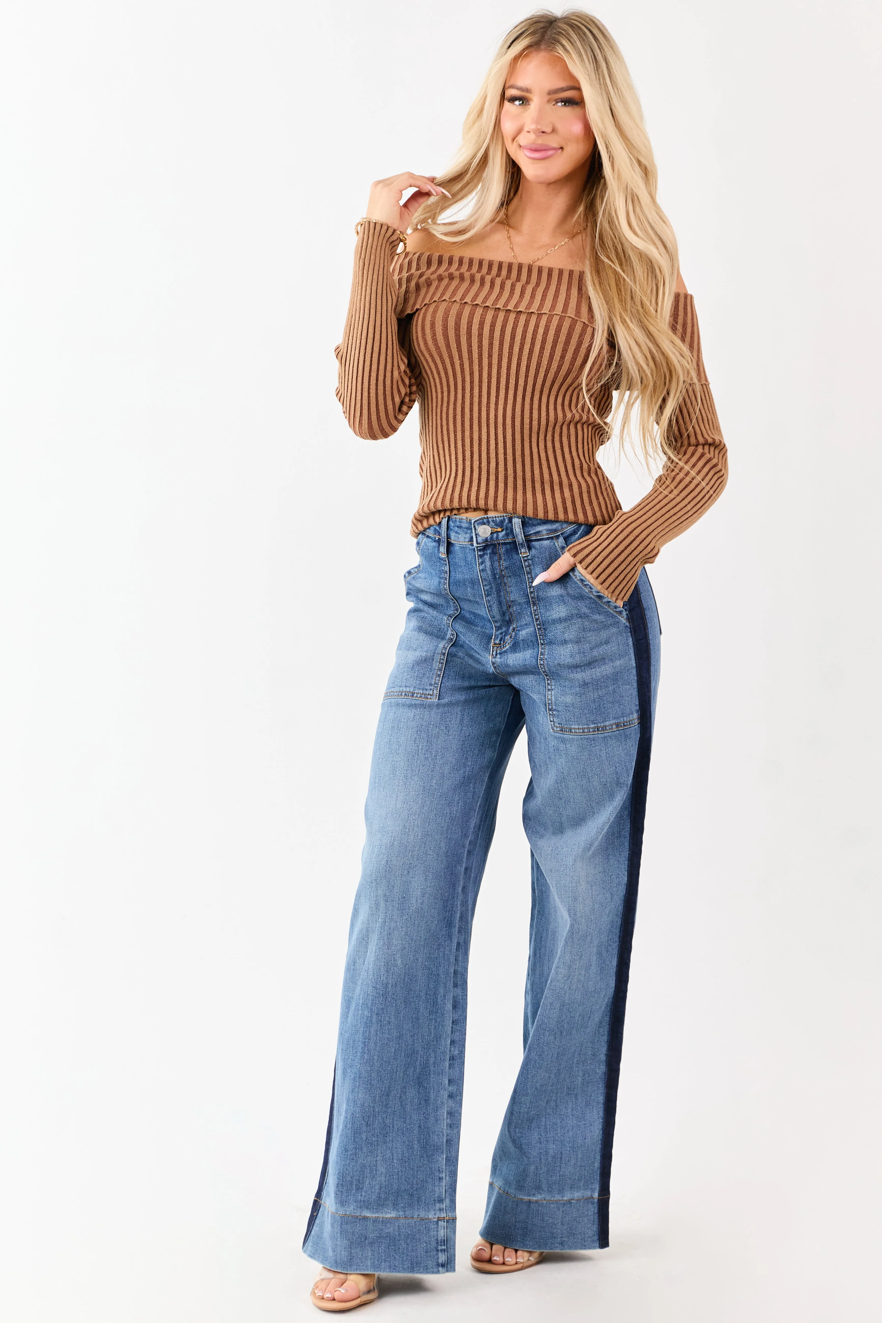 Mica Denim Medium Wash Tux Style Wide Stretchy Jeans sold by Lime Lush product image thumbnail 2