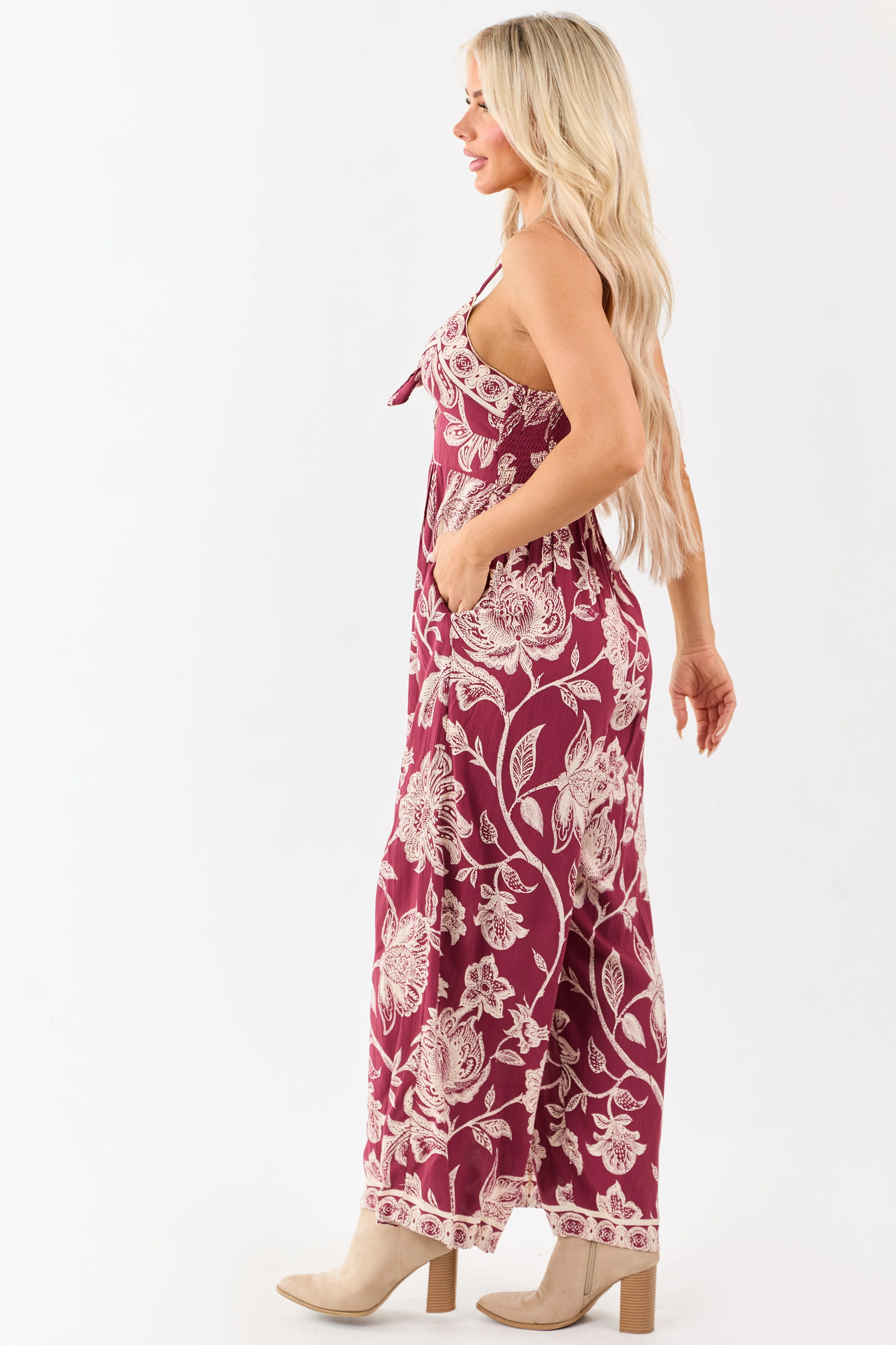 Maroon Floral Print Tie Bust Wide Leg Jumpsuit sold by Lime Lush product image thumbnail 5