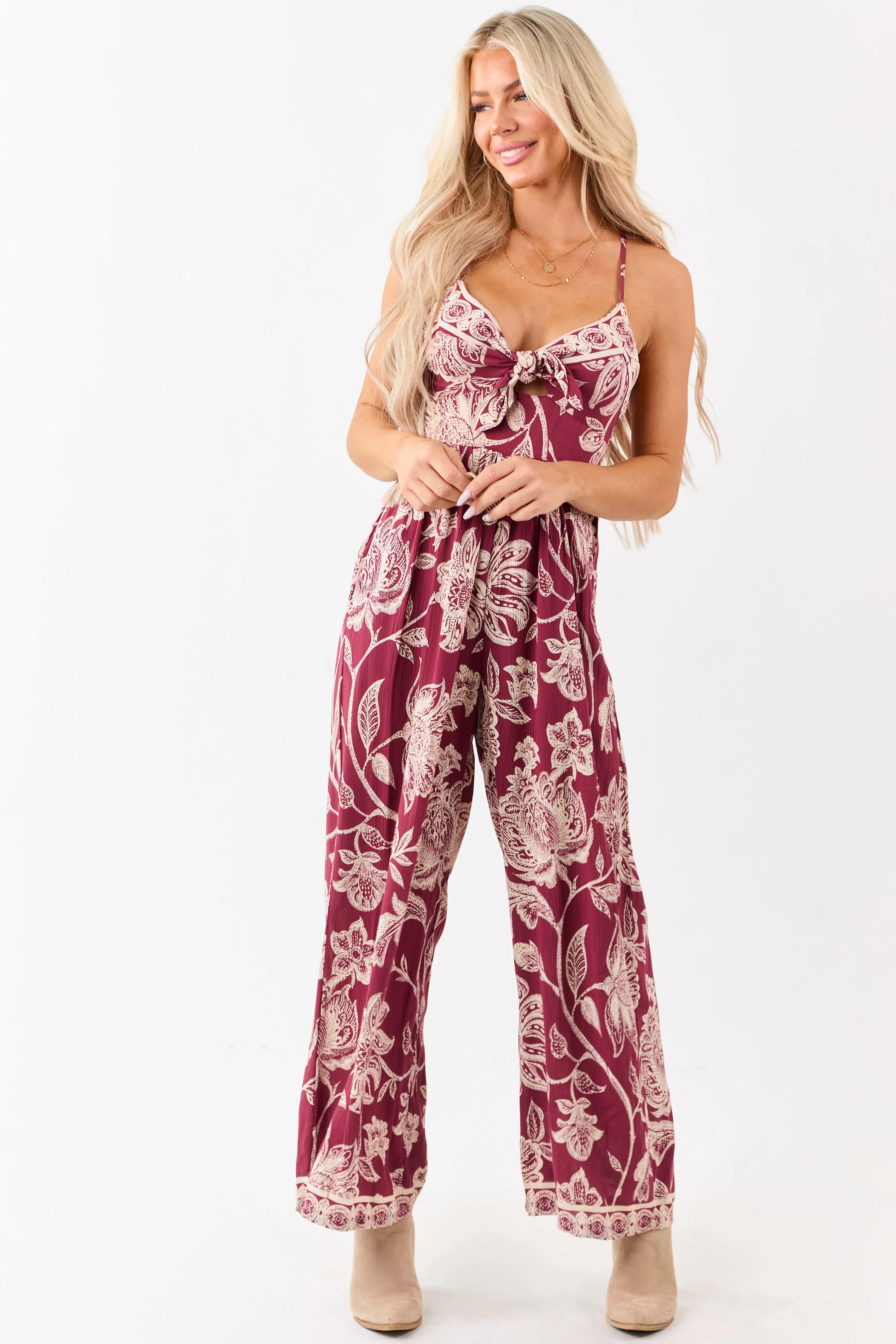Maroon Floral Print Tie Bust Wide Leg Jumpsuit sold by Lime Lush product image thumbnail 3