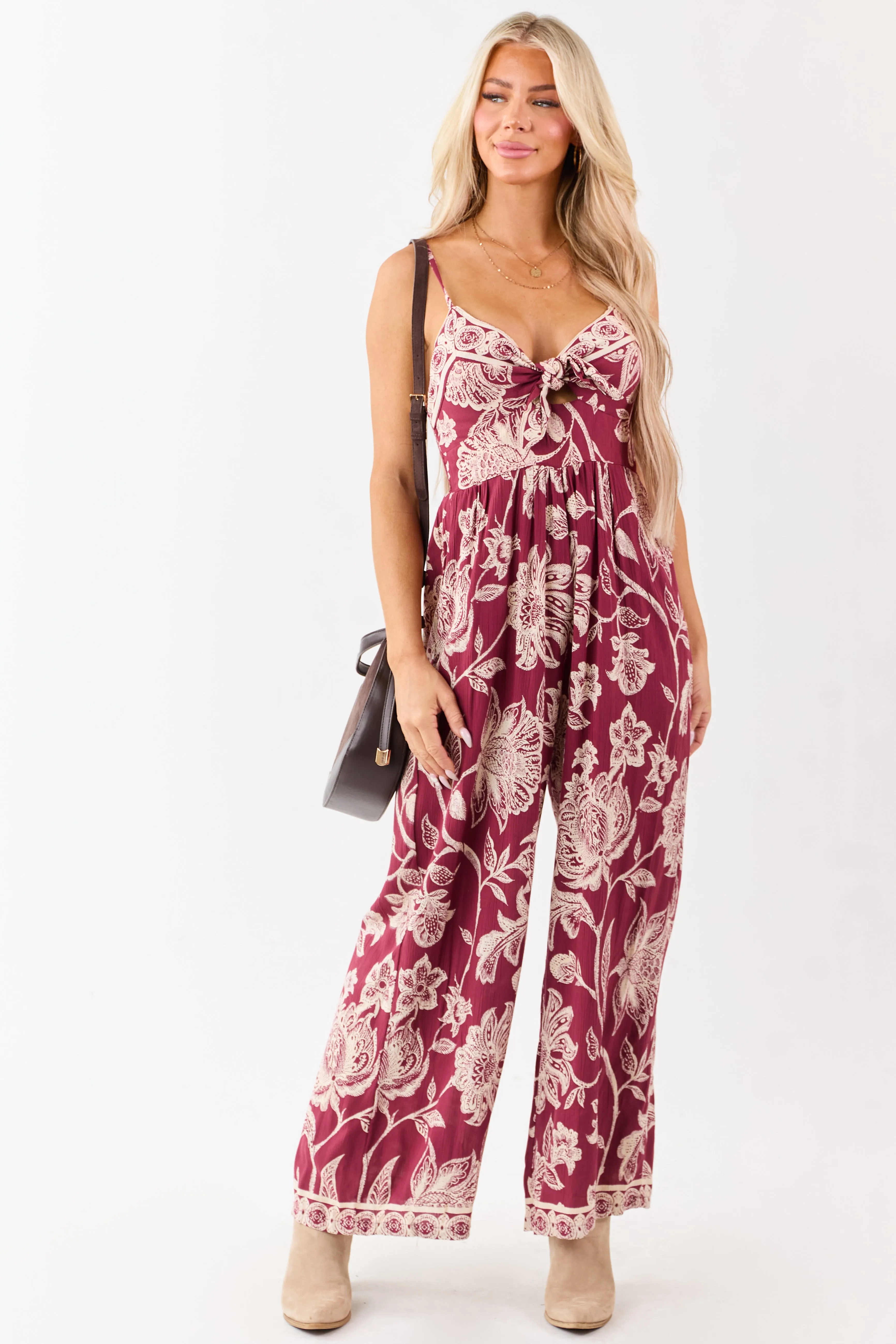 Maroon Floral Print Tie Bust Wide Leg Jumpsuit sold by Lime Lush product image thumbnail 4