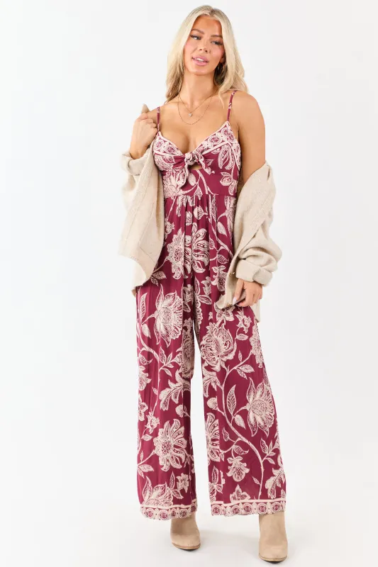 Maroon Floral Print Tie Bust Wide Leg Jumpsuit sold by Lime Lush