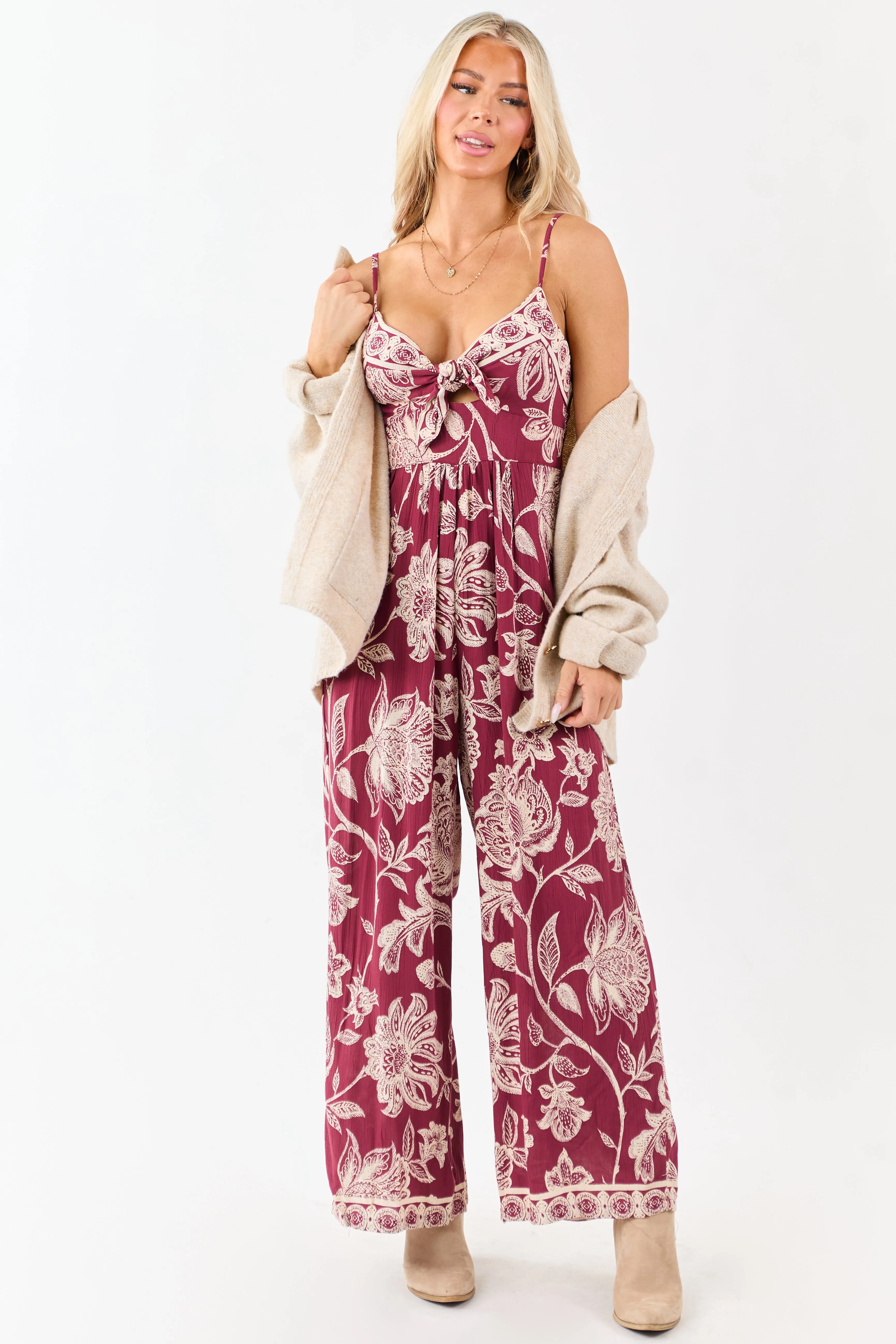 Maroon Floral Print Tie Bust Wide Leg Jumpsuit sold by Lime Lush
