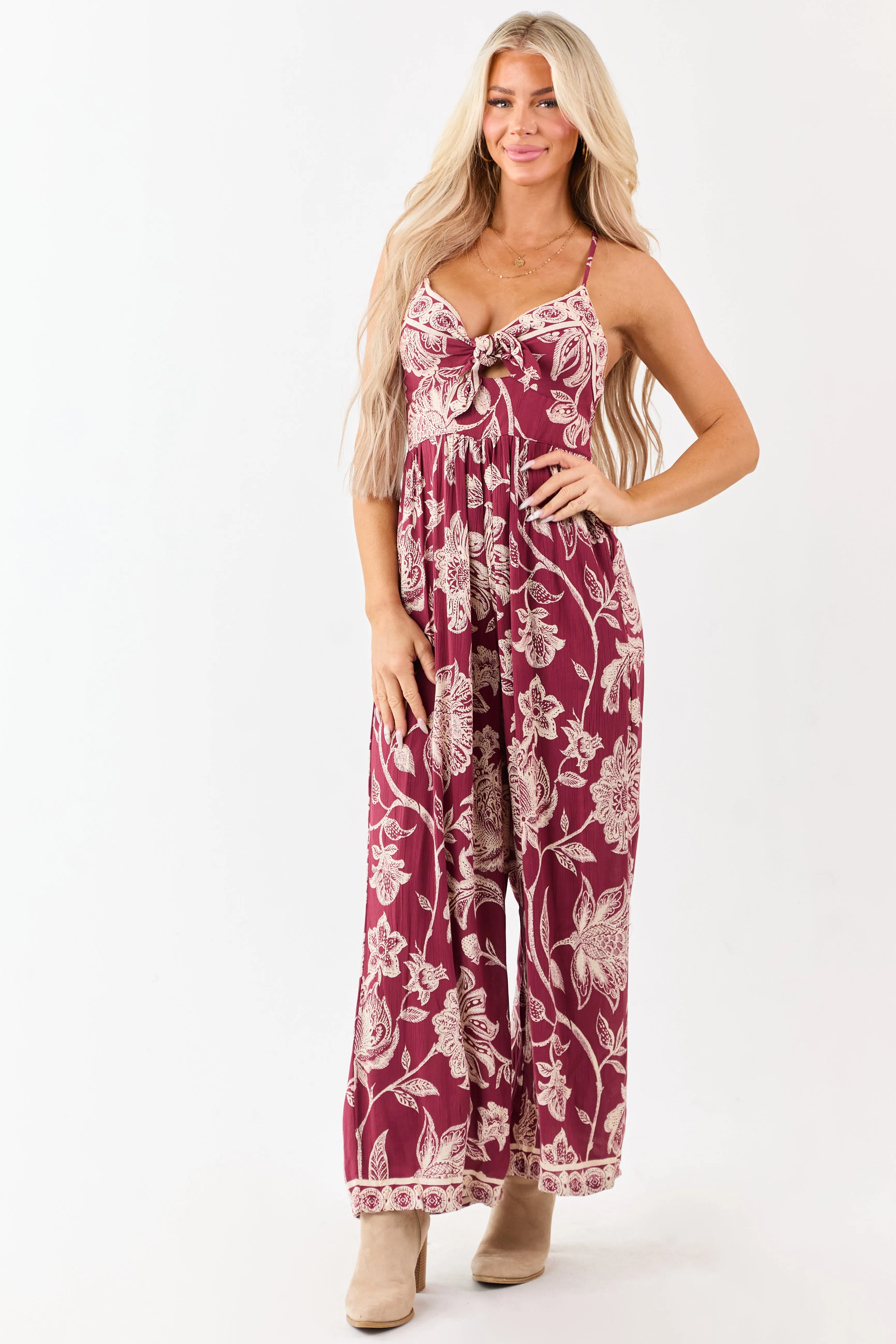 Maroon Floral Print Tie Bust Wide Leg Jumpsuit sold by Lime Lush product image thumbnail 2