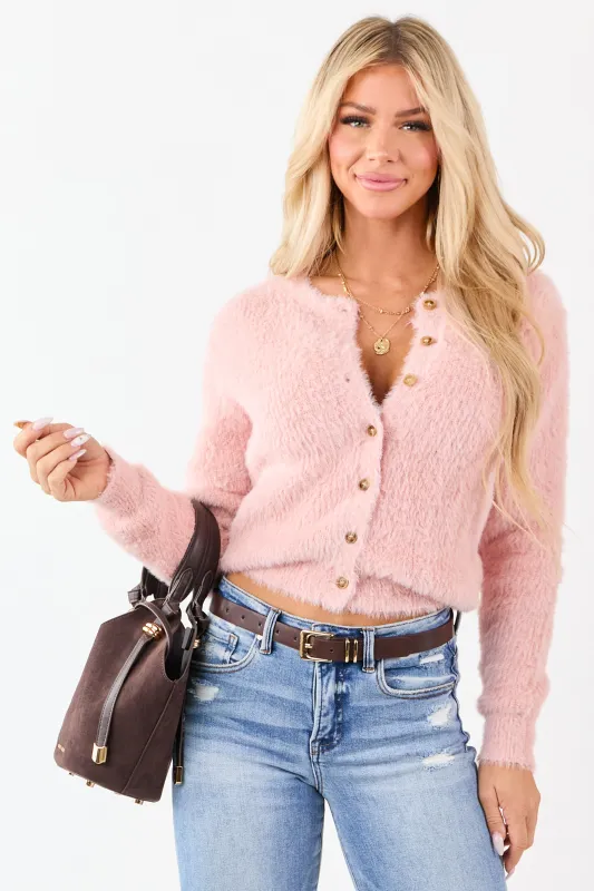 Dusty Blush Eyelash Knit Button Down Cardigan sold by Lime Lush