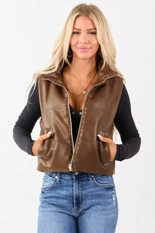 Sepia Washed Faux Leather Mock Neck Puff Vest sold by Lime Lush