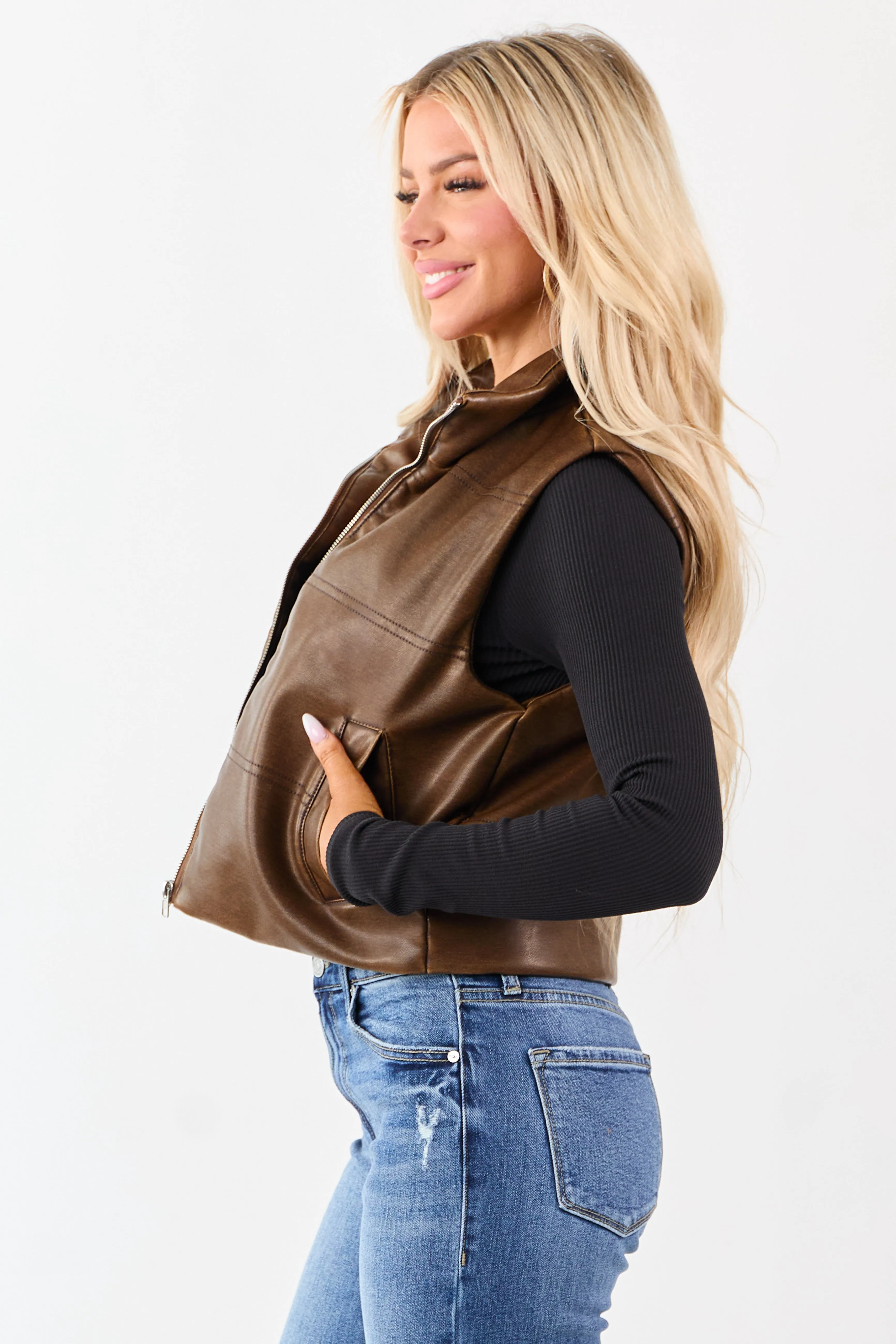 Sepia Washed Faux Leather Mock Neck Puff Vest sold by Lime Lush product image thumbnail 5