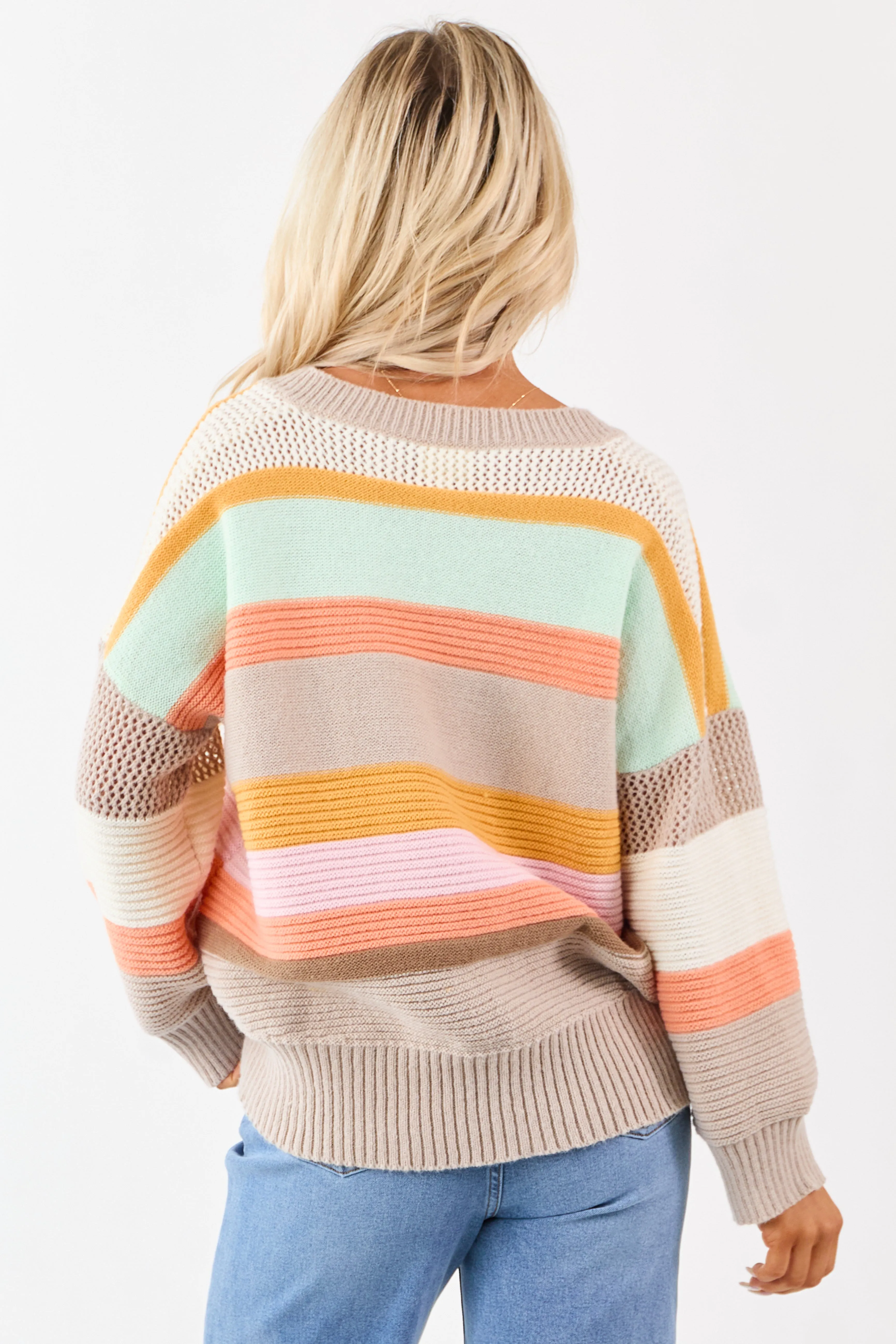 Oatmeal Striped V Neck Long Sleeve Sweater sold by Lime Lush product image thumbnail 5