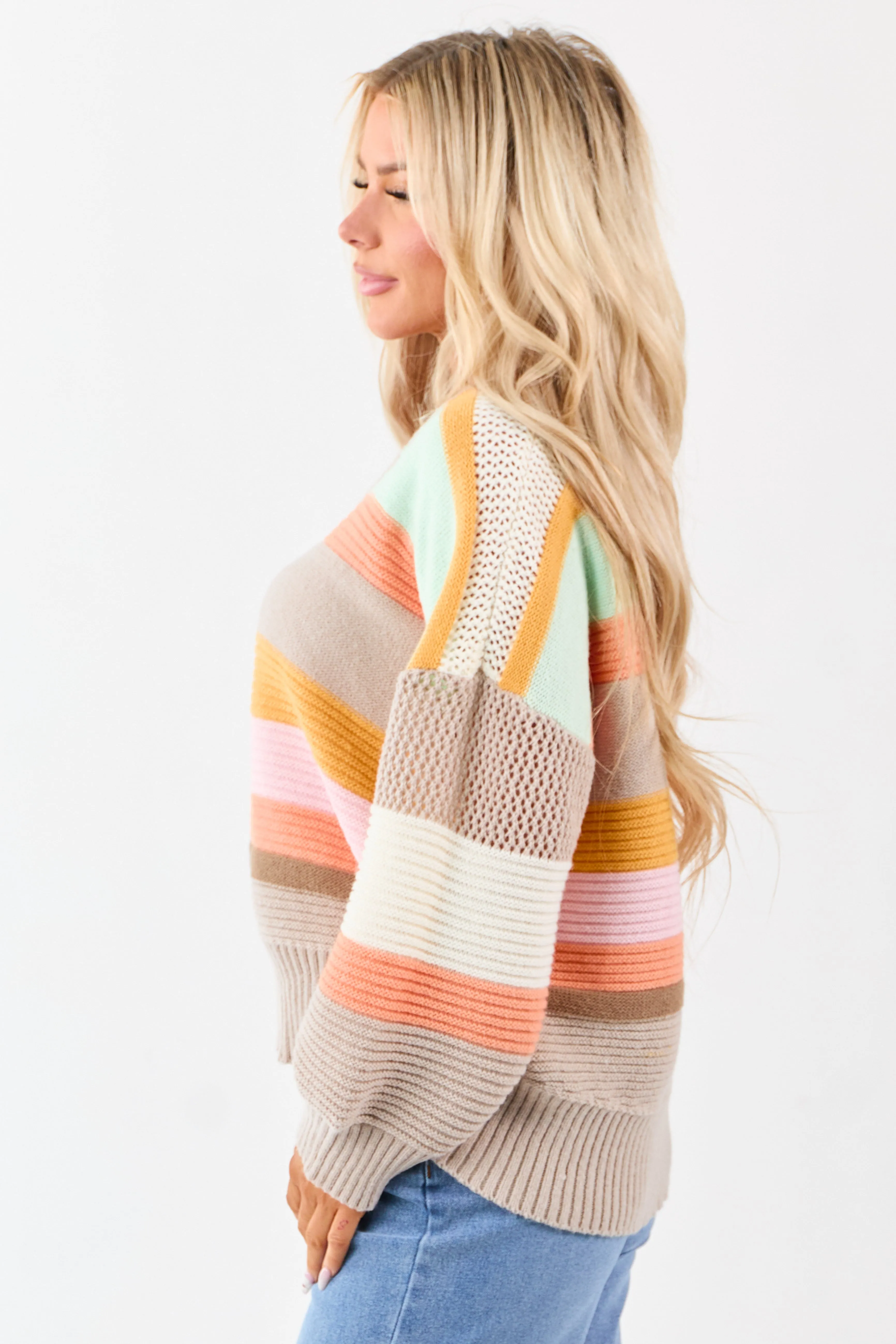 Oatmeal Striped V Neck Long Sleeve Sweater sold by Lime Lush product image thumbnail 4