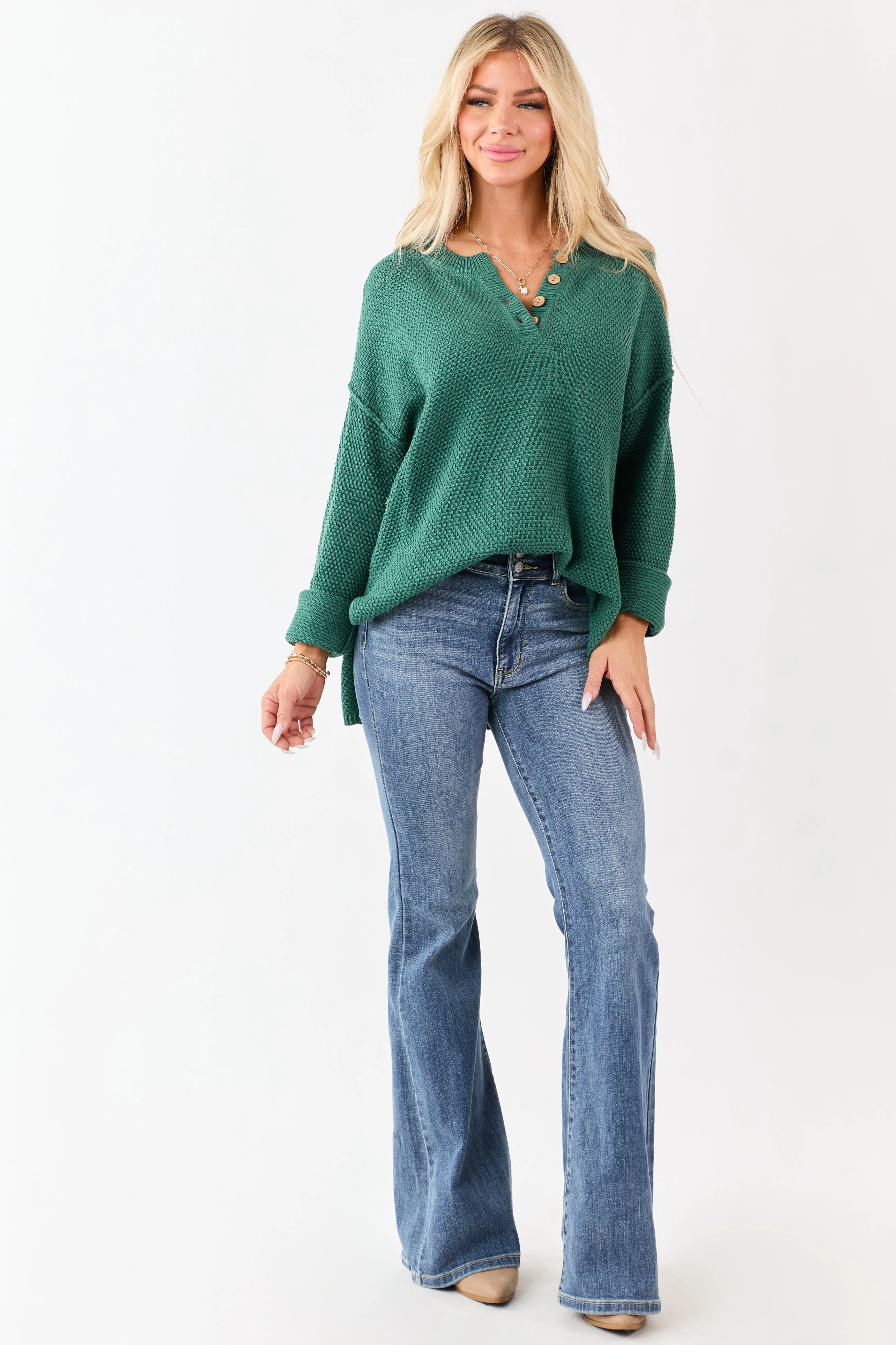 Pine Half Button Down Textured Knit Sweater sold by Lime Lush product image thumbnail 2