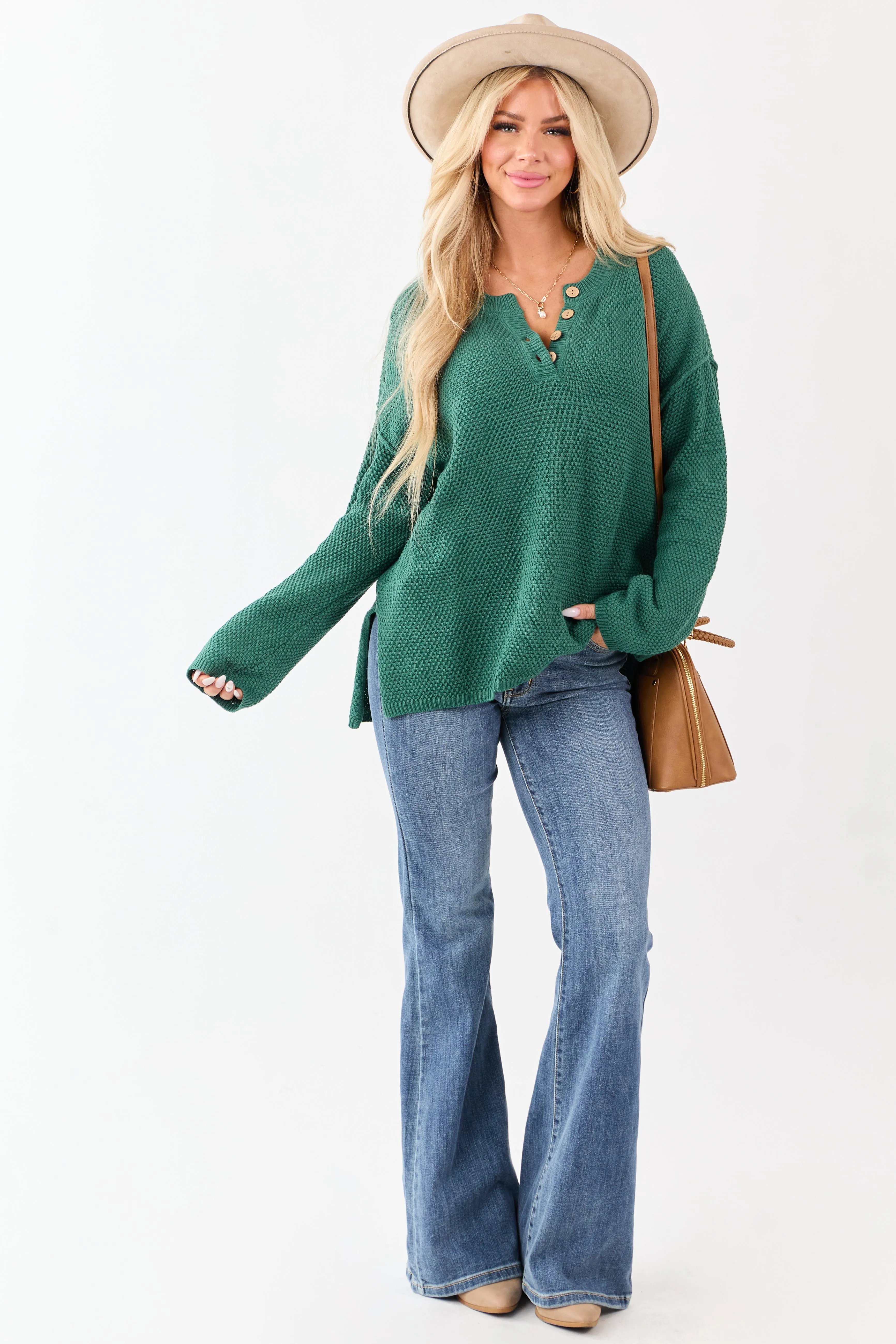 Pine Half Button Down Textured Knit Sweater sold by Lime Lush product image thumbnail 3
