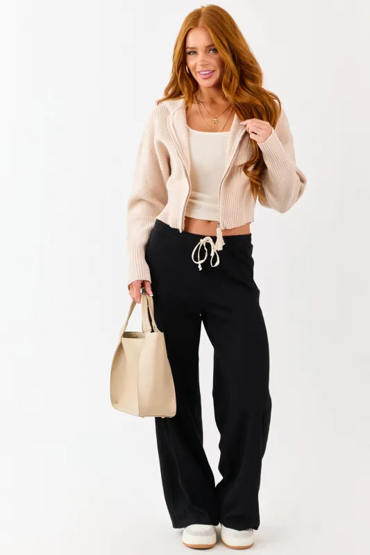 Black Waffle Knit Wide Leg Drawstring Pants sold by Lime Lush