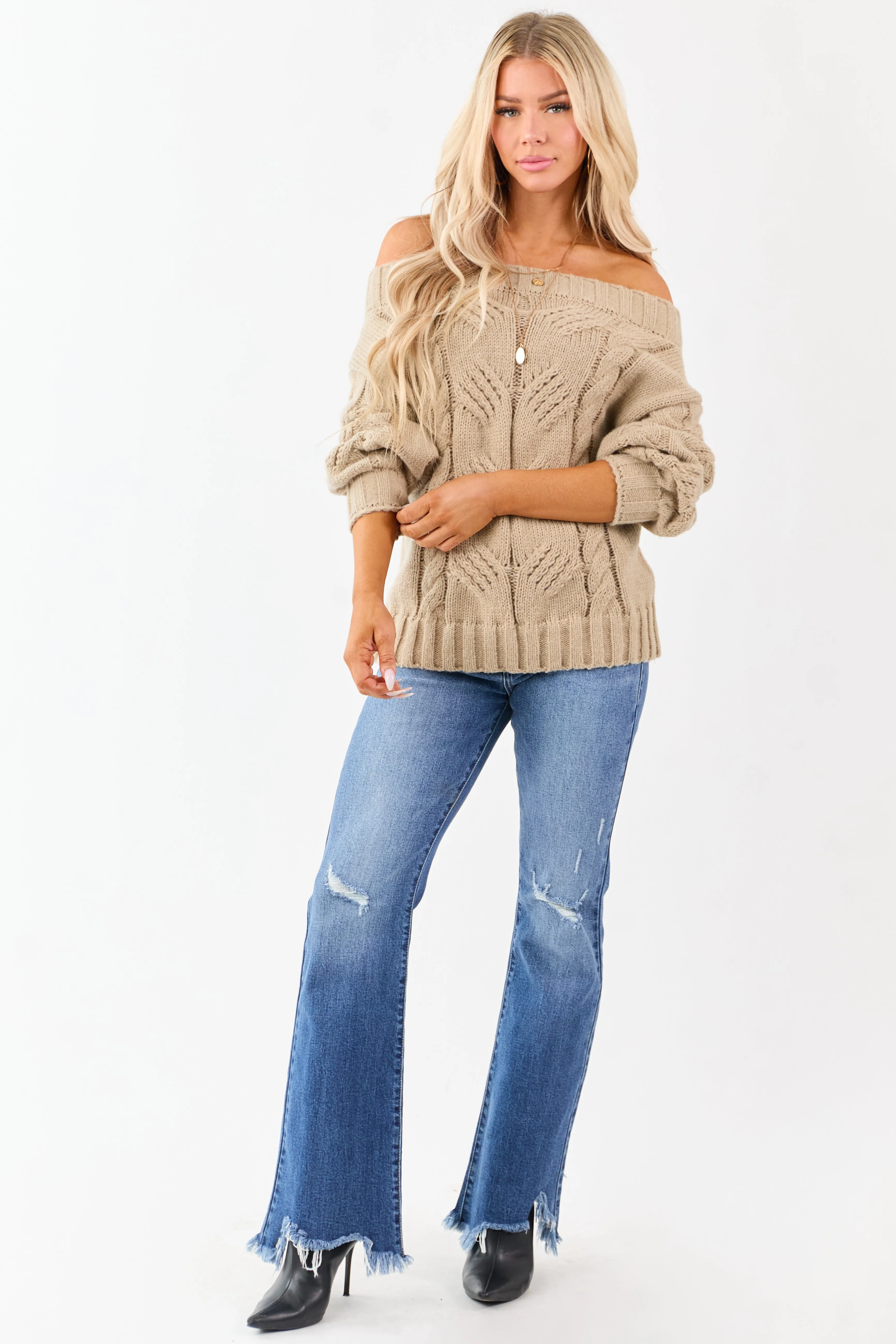 Latte Off the Shoulder Cable Knit Sweater sold by Lime Lush product image thumbnail 4